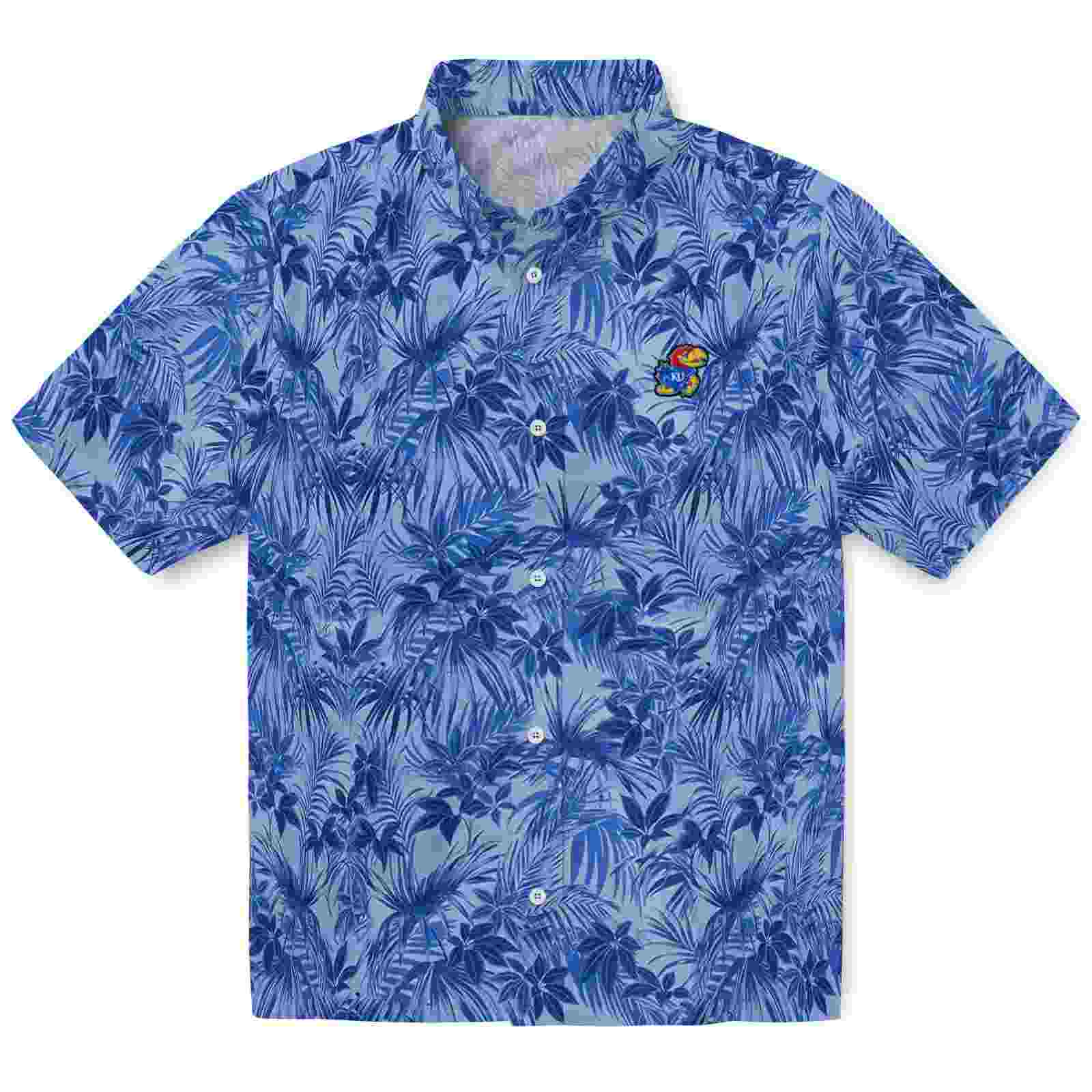 Kansas Jayhawks Leafy Pattern Blue Hawaiian Shirt