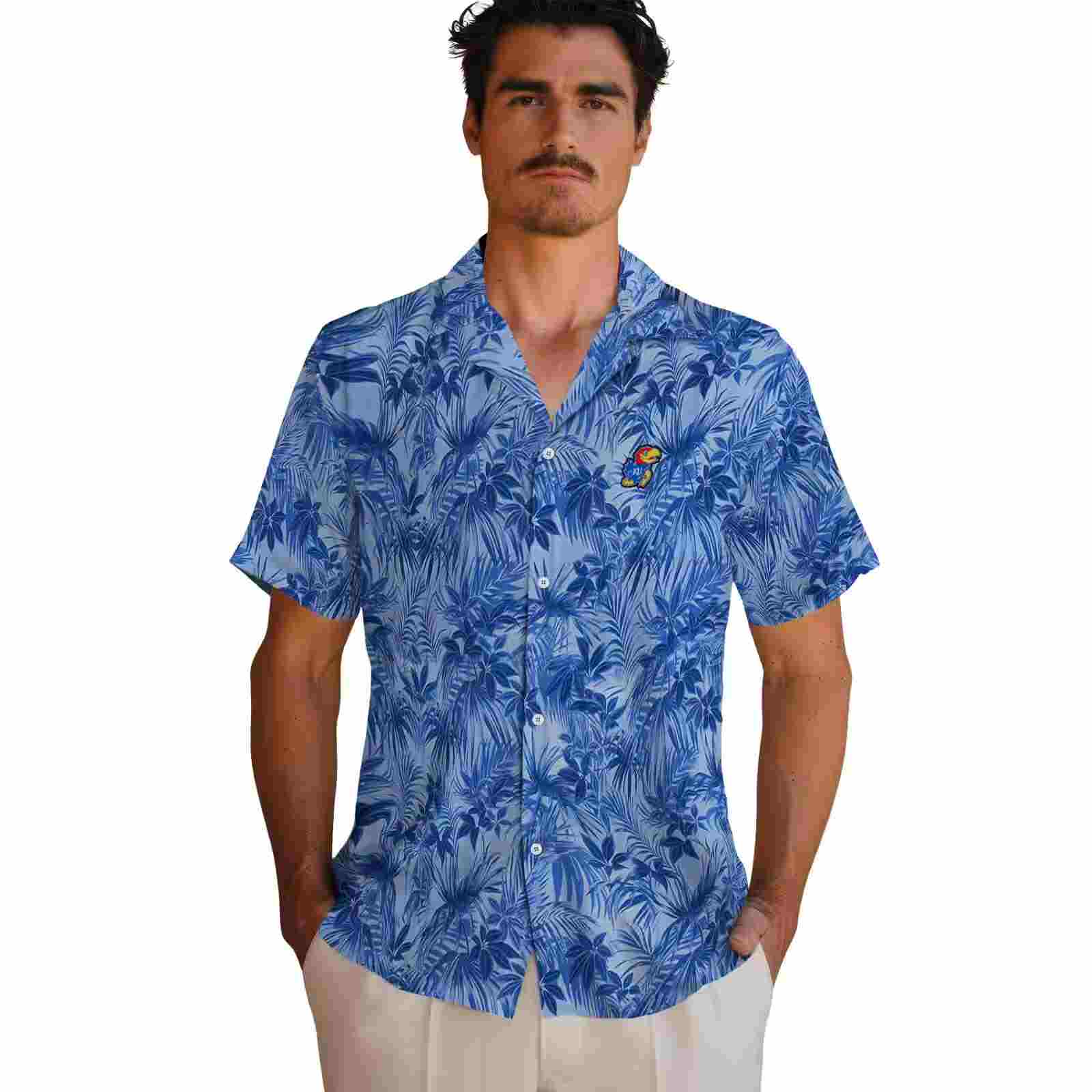 kansas jayhawks leafy pattern blue hawaiian shirt fashion forward