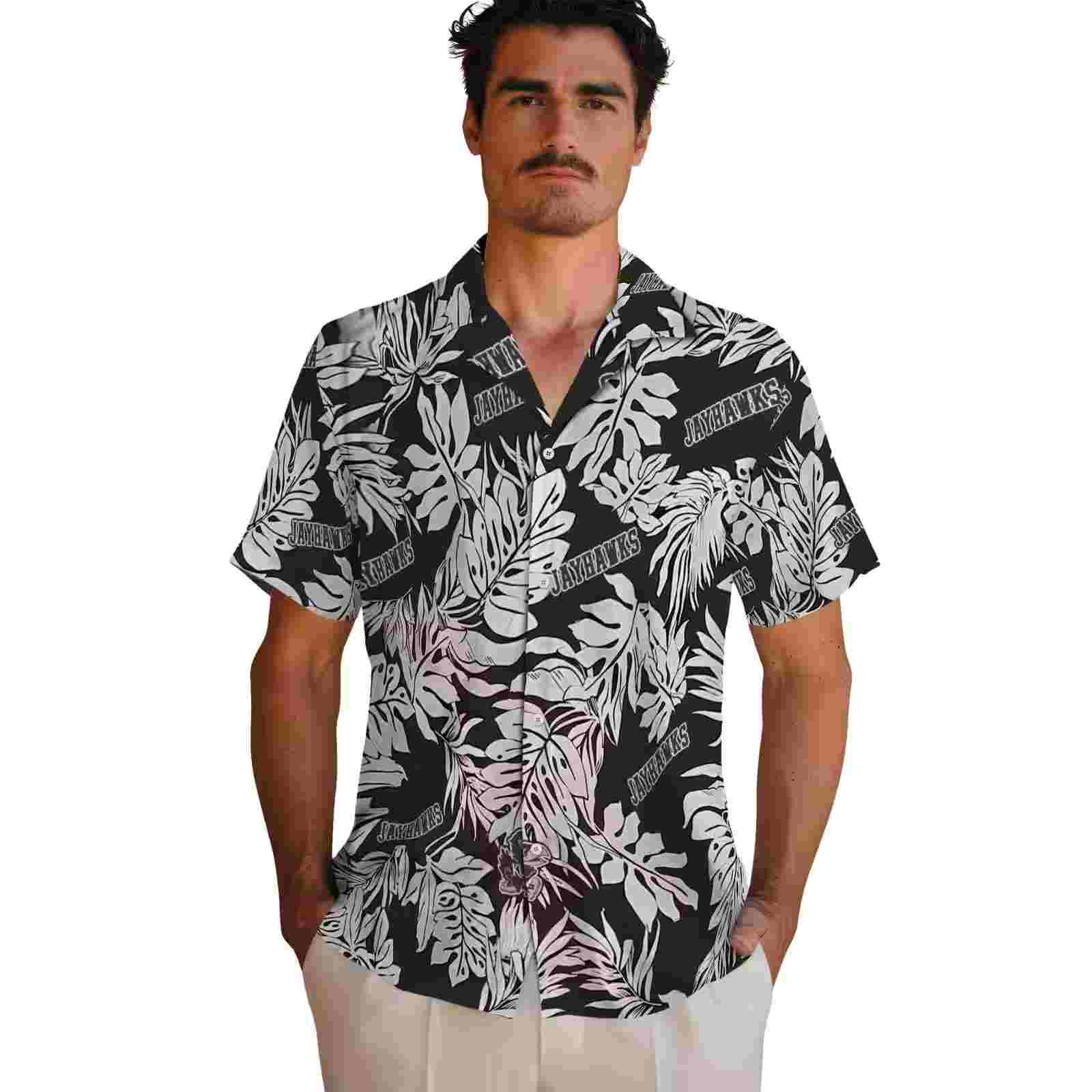 kansas jayhawks monstera leaf pattern black hawaiian shirt fashion forward