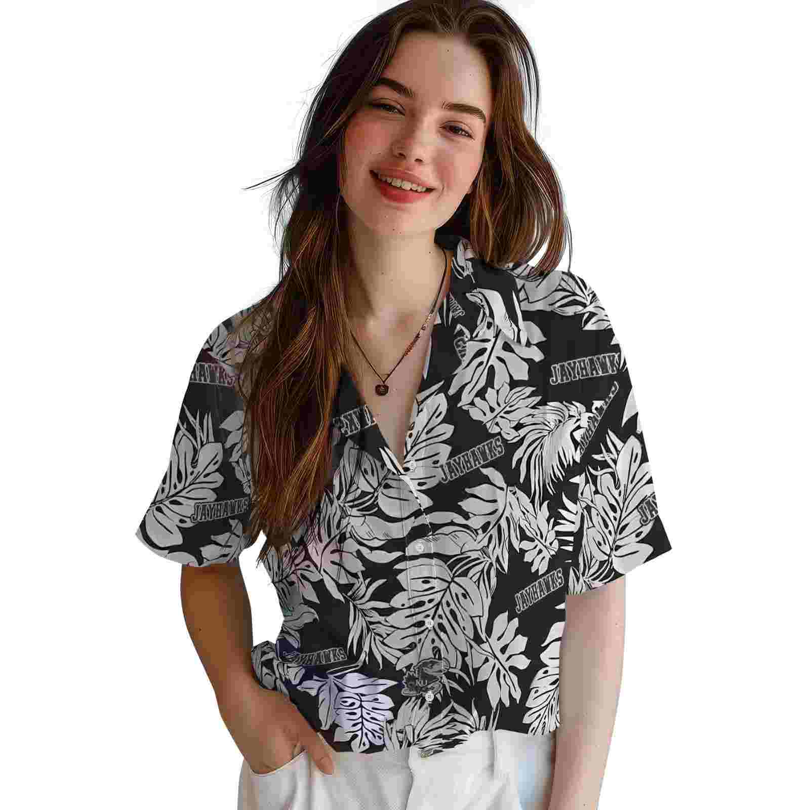 kansas jayhawks monstera leaf pattern black hawaiian shirt latest model