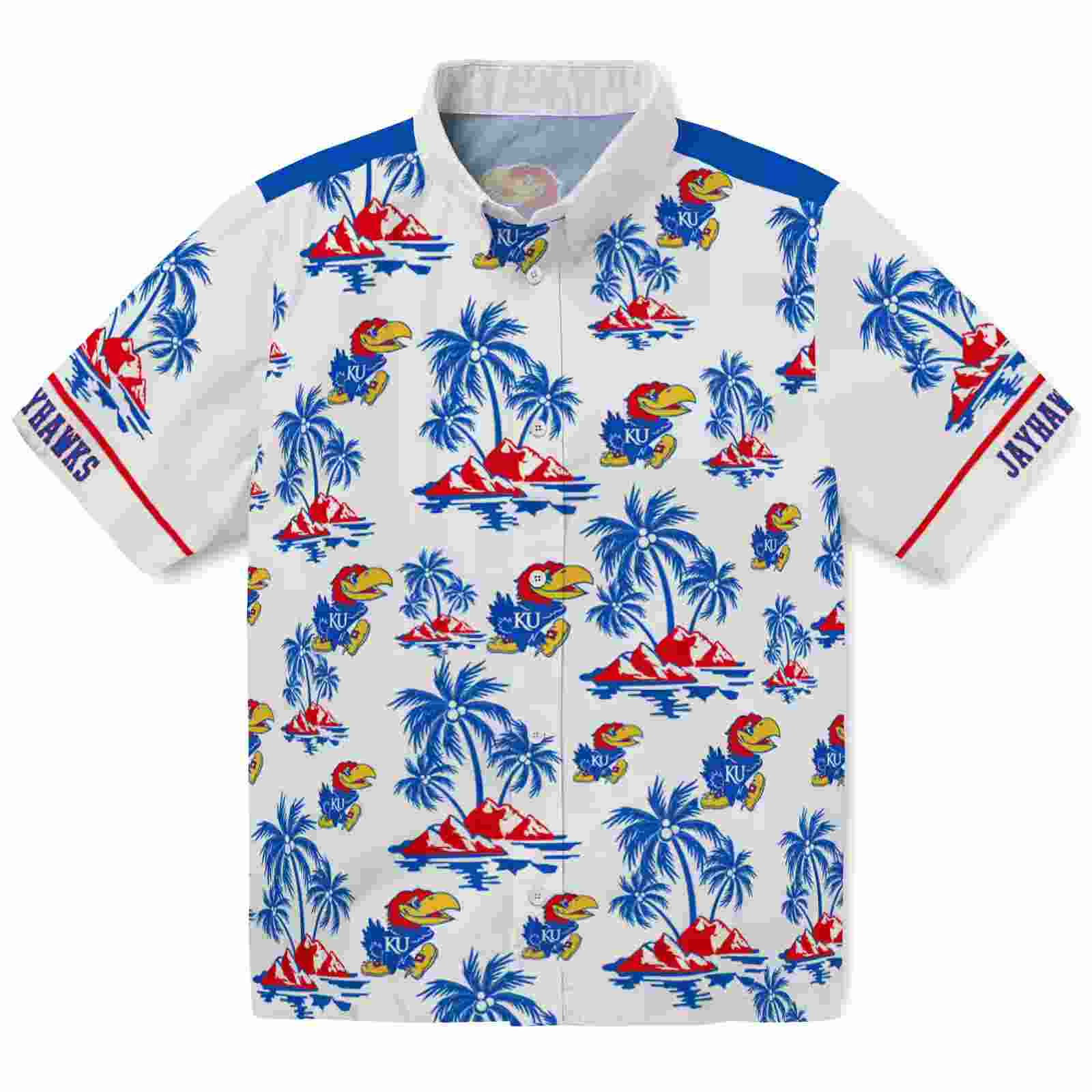 Kansas Jayhawks Palm Island Print Blue White Hawaiian Shirt