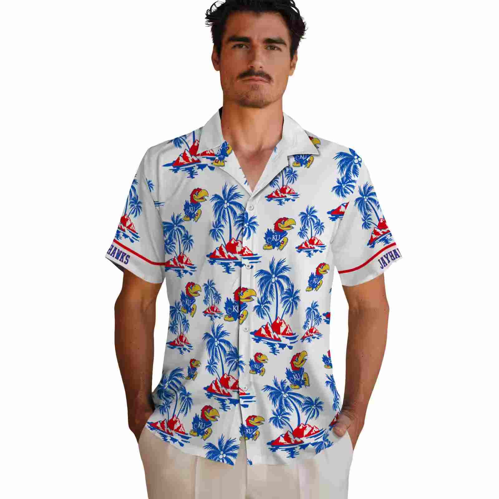 kansas jayhawks palm island print blue white hawaiian shirt fashion forward