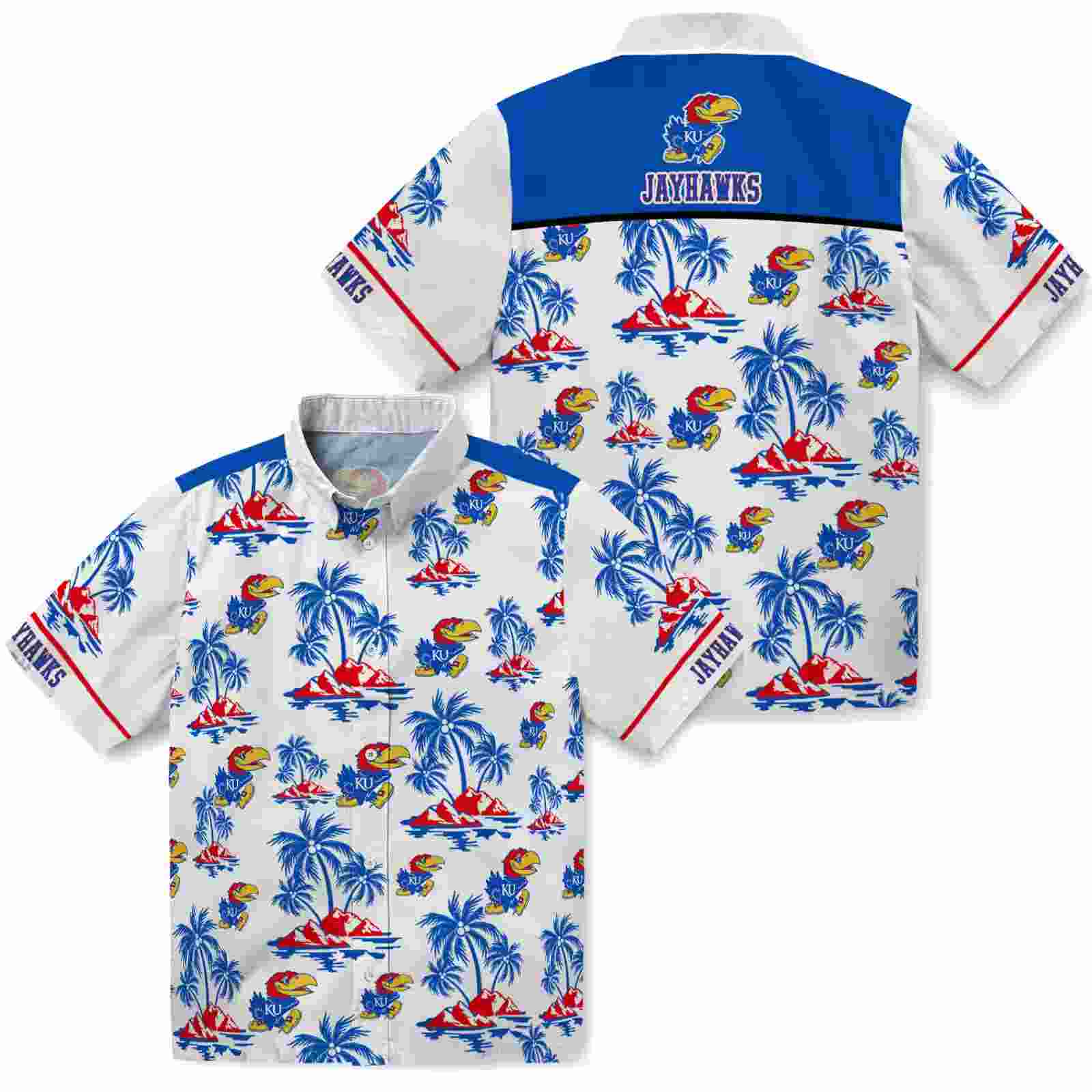 kansas jayhawks palm island print blue white hawaiian shirt high quality