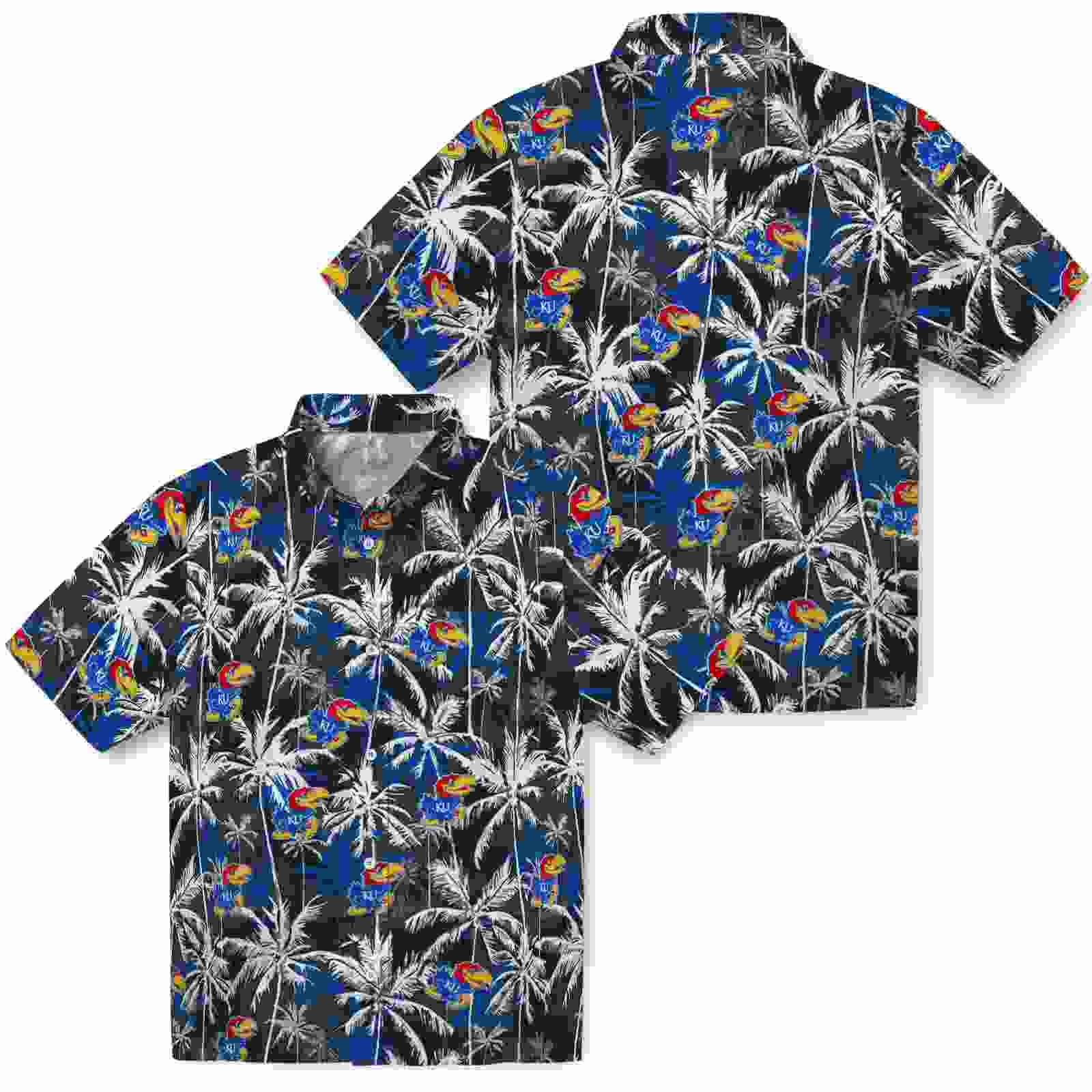 kansas jayhawks palm pattern blue black hawaiian shirt high quality