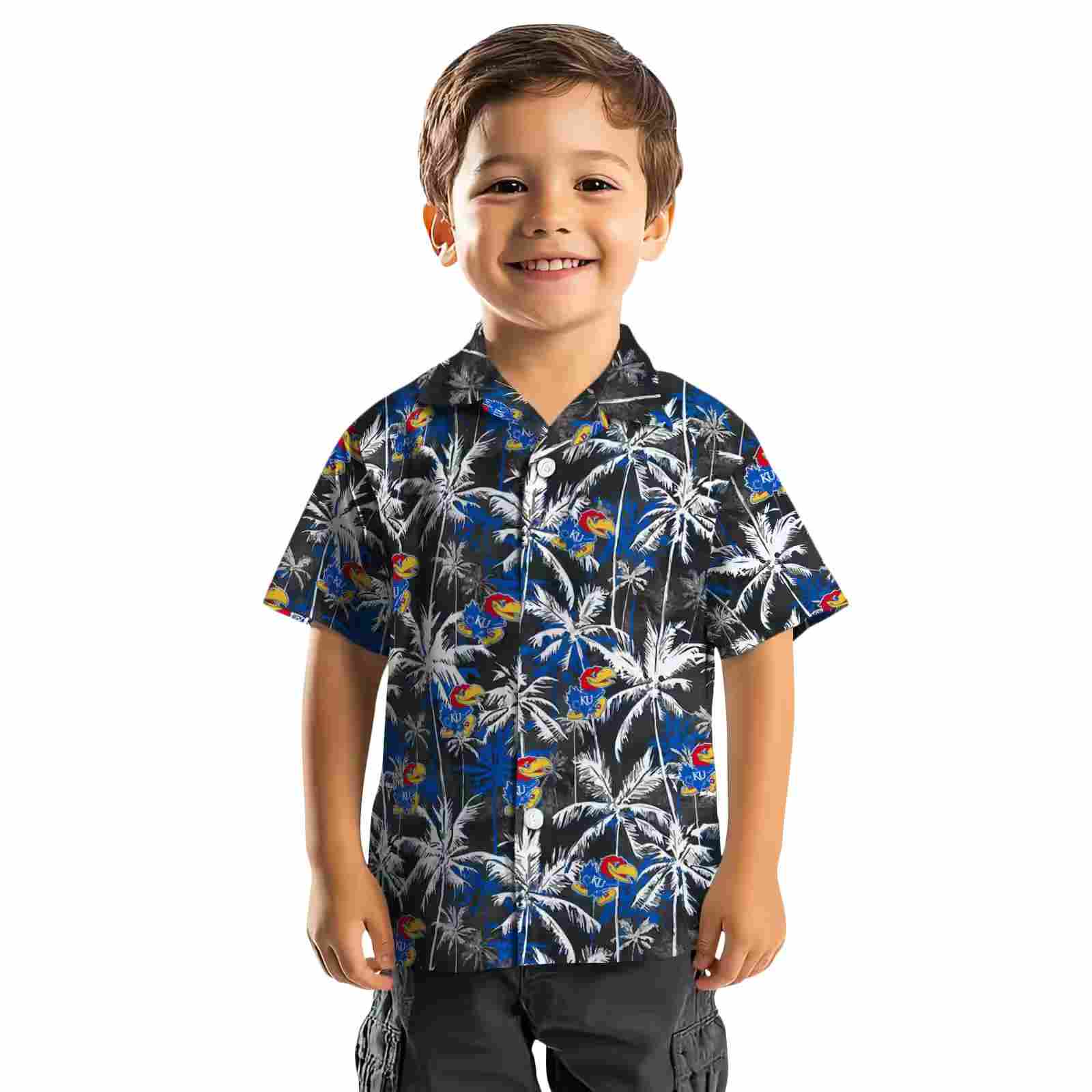 kansas jayhawks palm pattern blue black hawaiian shirt top rated