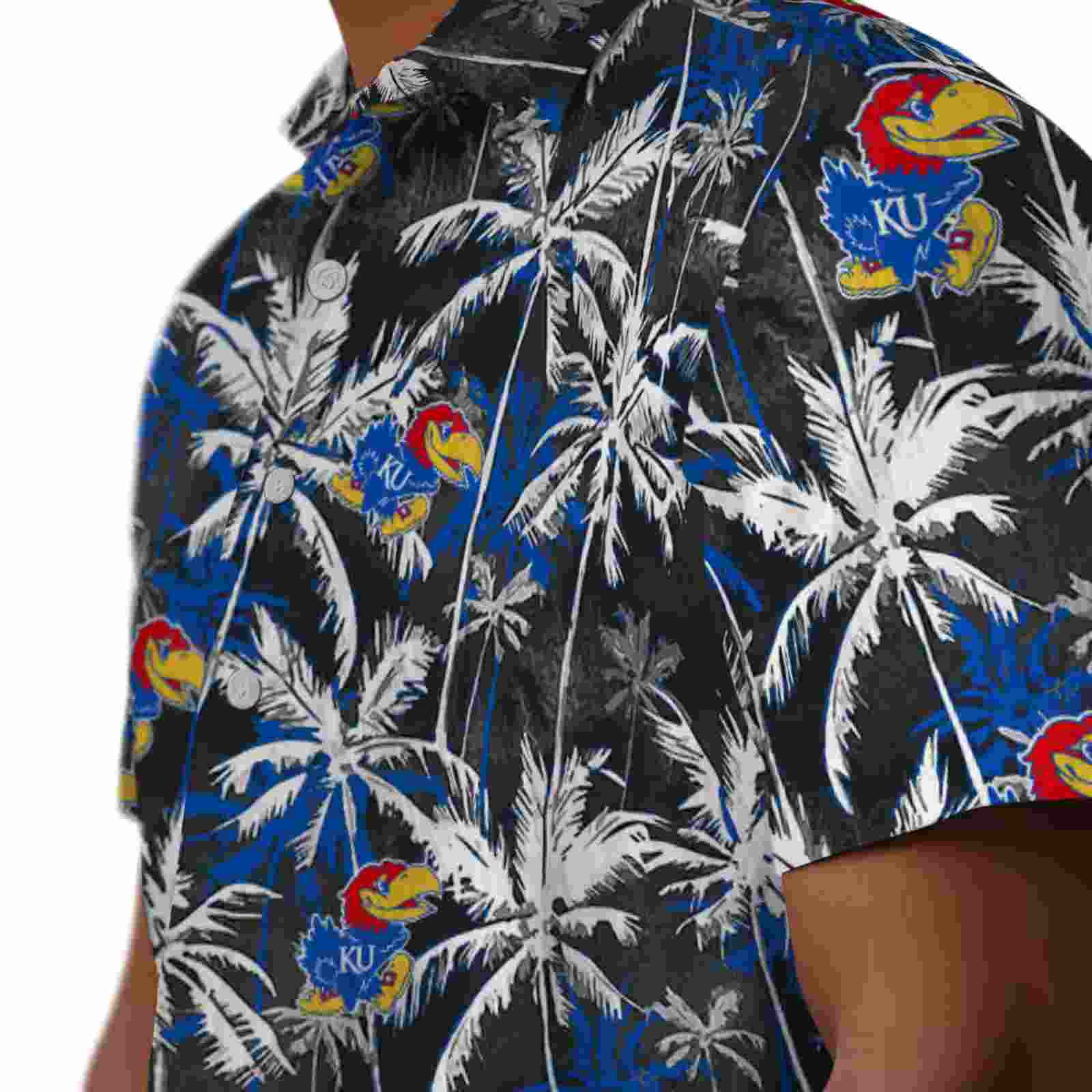 kansas jayhawks palm pattern blue black hawaiian shirt trendy