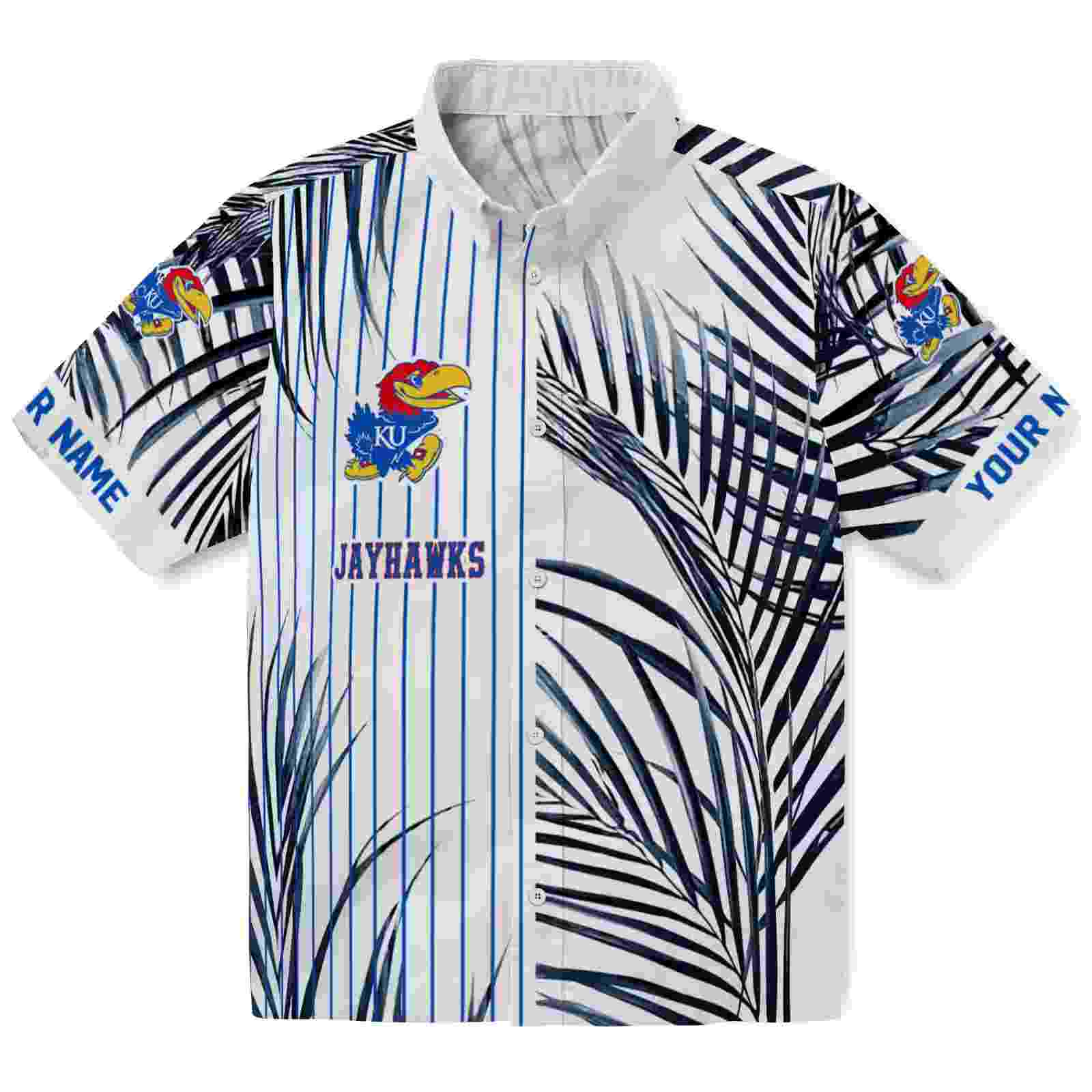 Kansas Jayhawks Palm Stripes Blue Black White Hawaiian Shirt