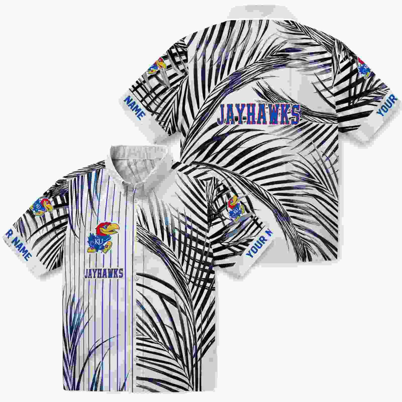 kansas jayhawks palm stripes blue black white hawaiian shirt high quality