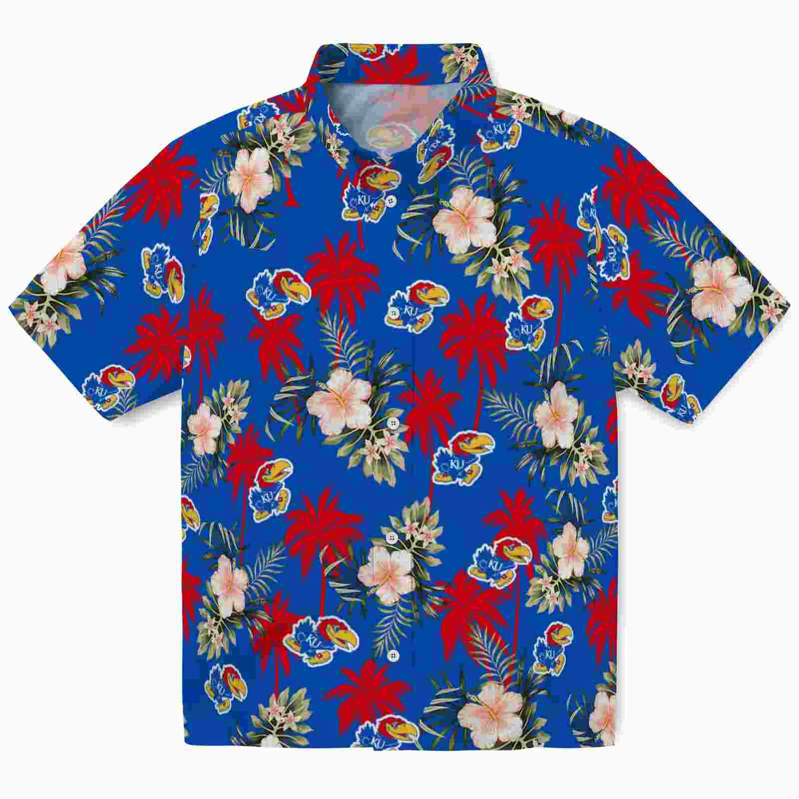 Kansas Jayhawks Palm Tree Flower Blue Hawaiian Shirt