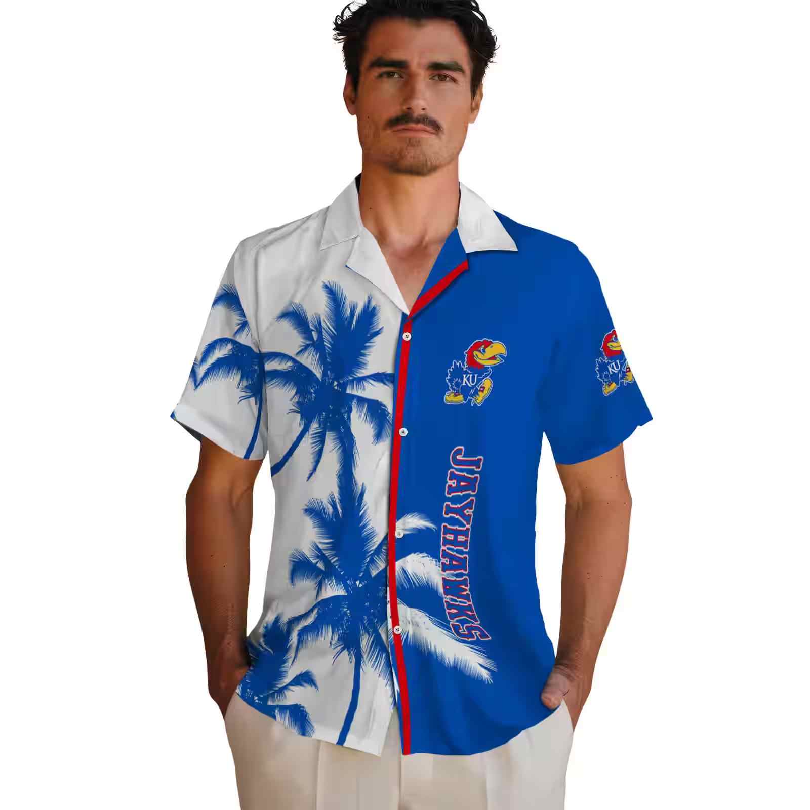 kansas jayhawks palm trees blue white hawaiian shirt fashion forward