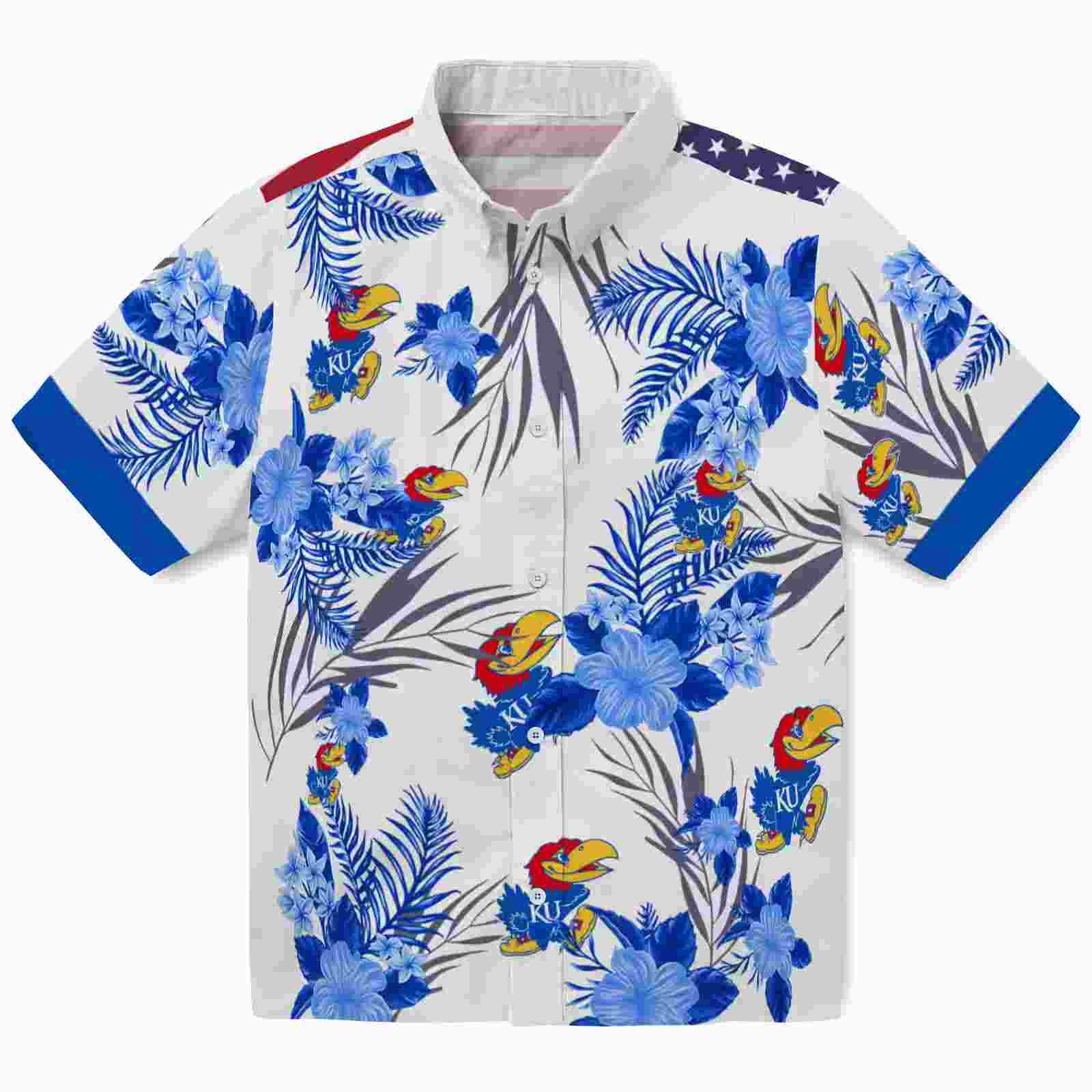 Kansas Jayhawks Patriotic Hibiscus Design Blue White Hawaiian Shirt