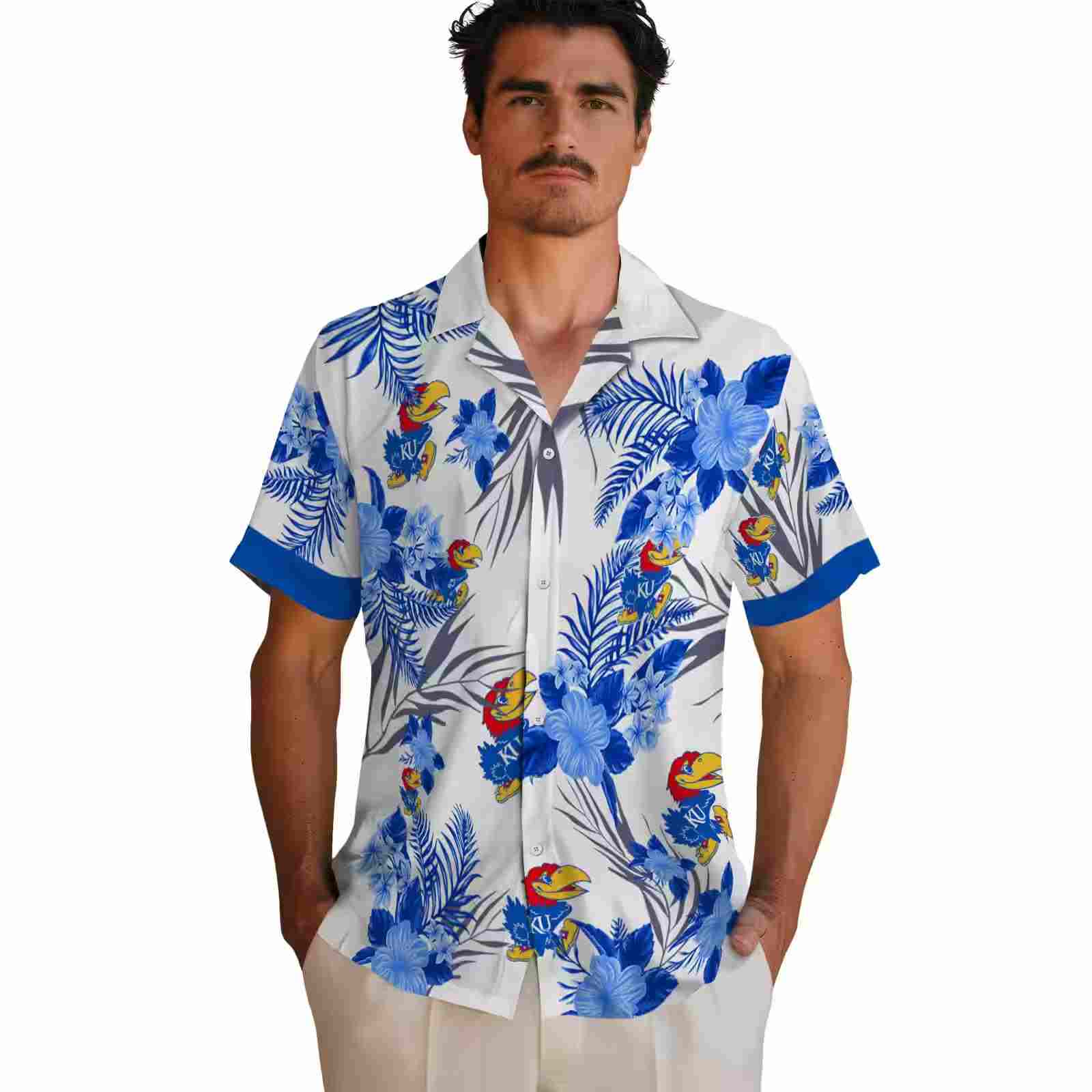 kansas jayhawks patriotic hibiscus design blue white hawaiian shirt fashion forward