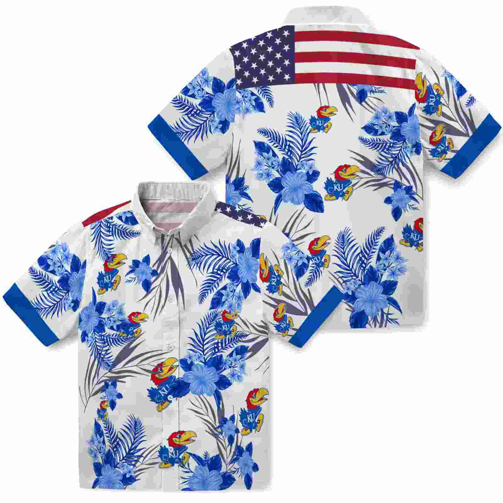 kansas jayhawks patriotic hibiscus design blue white hawaiian shirt high quality