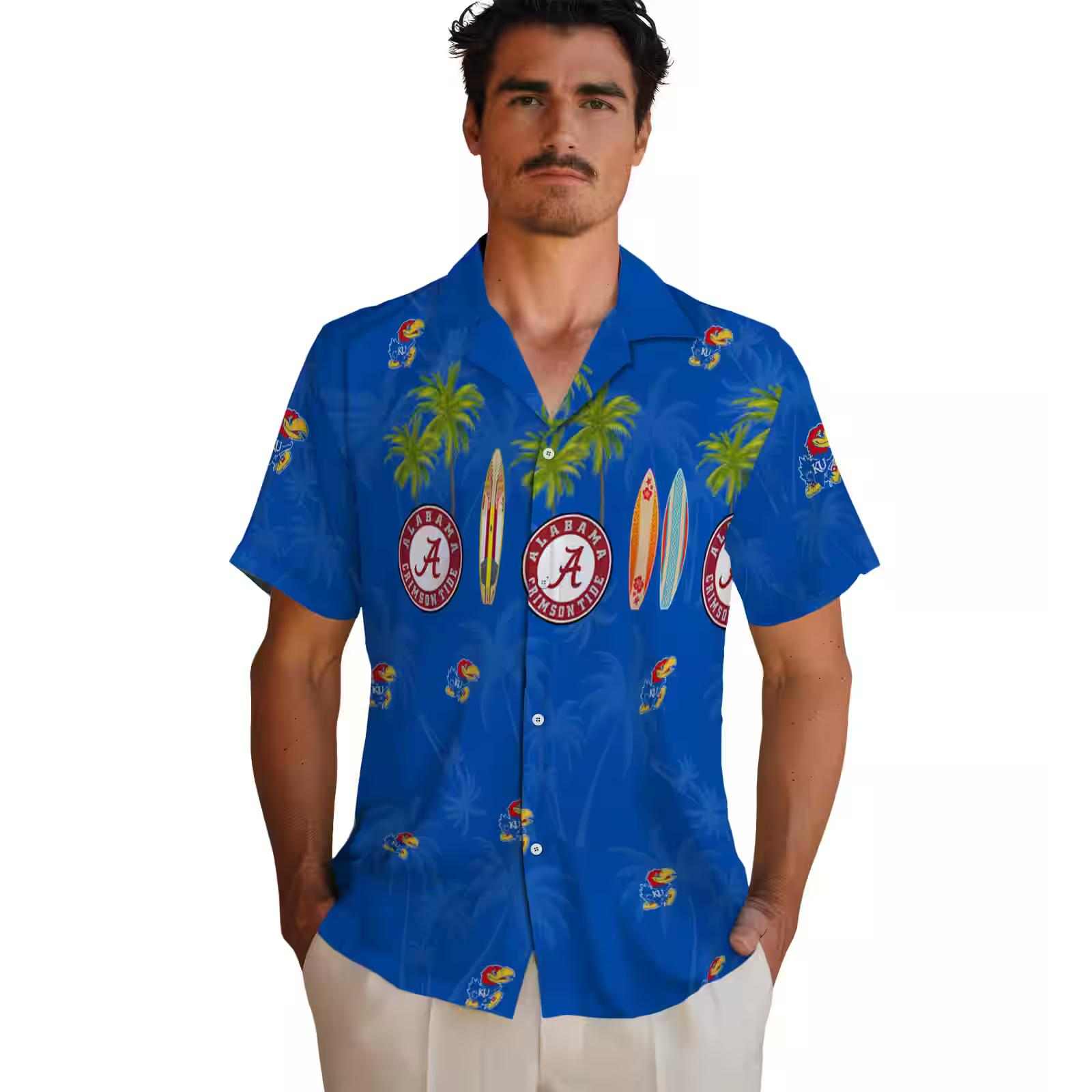 kansas jayhawks surfboard palm blue hawaiian shirt fashion forward