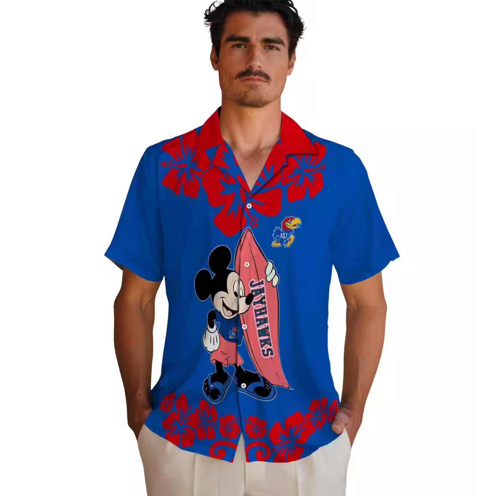 kansas jayhawks surfing mickey blue hawaiian shirt fashion forward