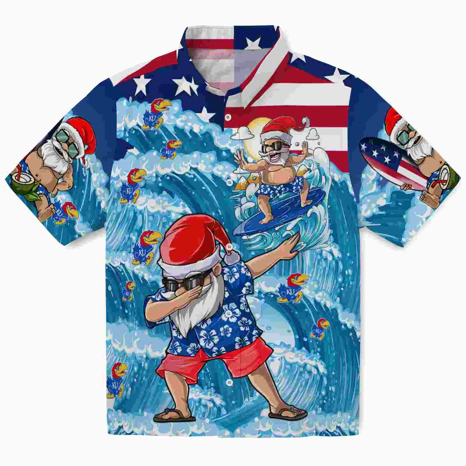 Kansas Jayhawks Surfing Santa Blue Hawaiian Shirt