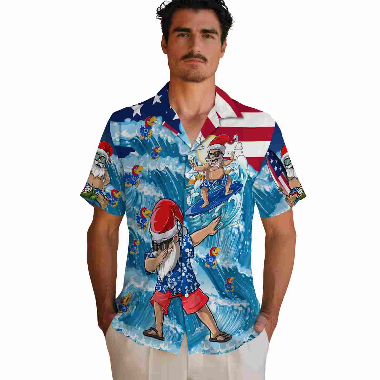 kansas jayhawks surfing santa blue hawaiian shirt fashion forward