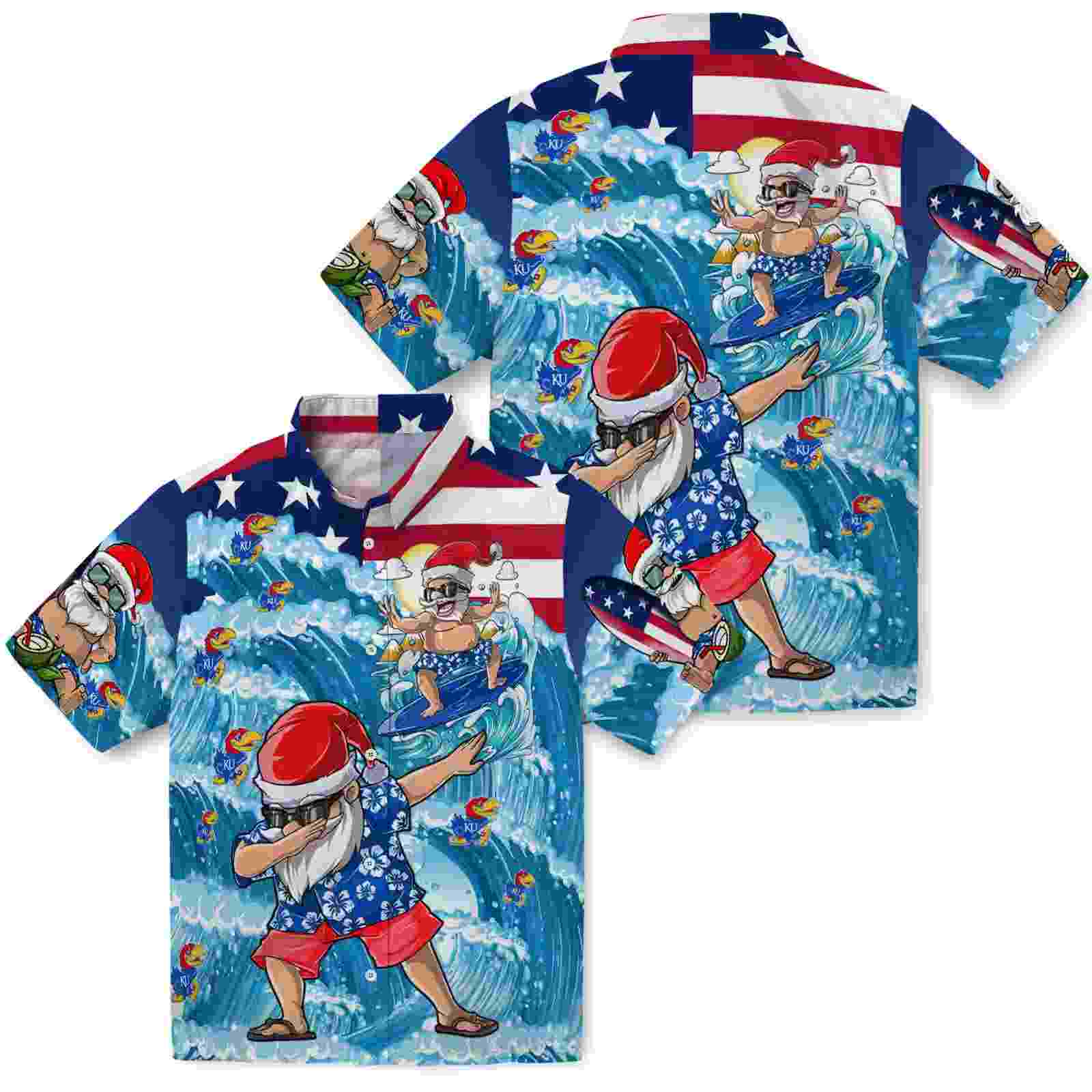 kansas jayhawks surfing santa blue hawaiian shirt high quality