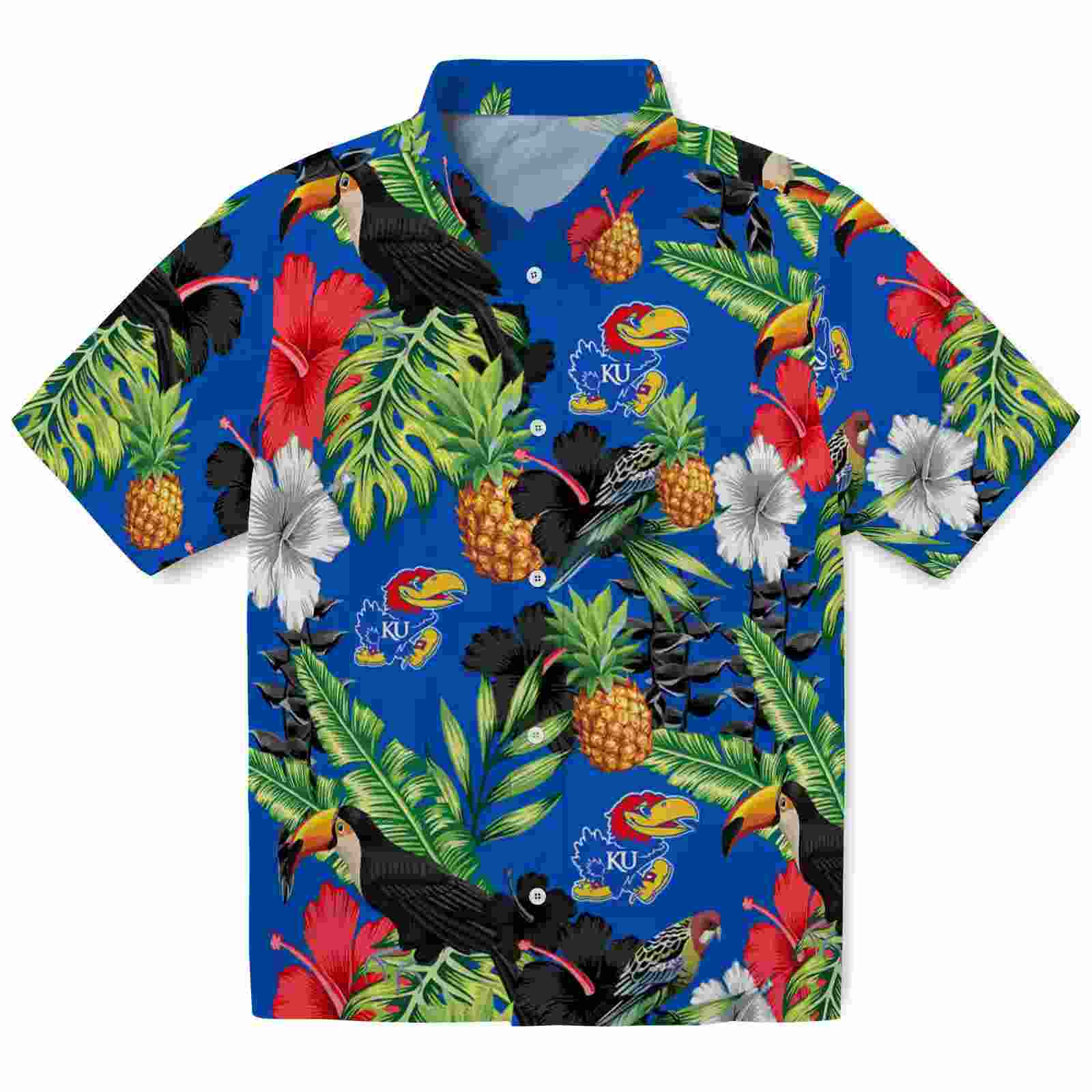 Kansas Jayhawks Toucan Hibiscus Pineapple Blue Green Hawaiian Shirt