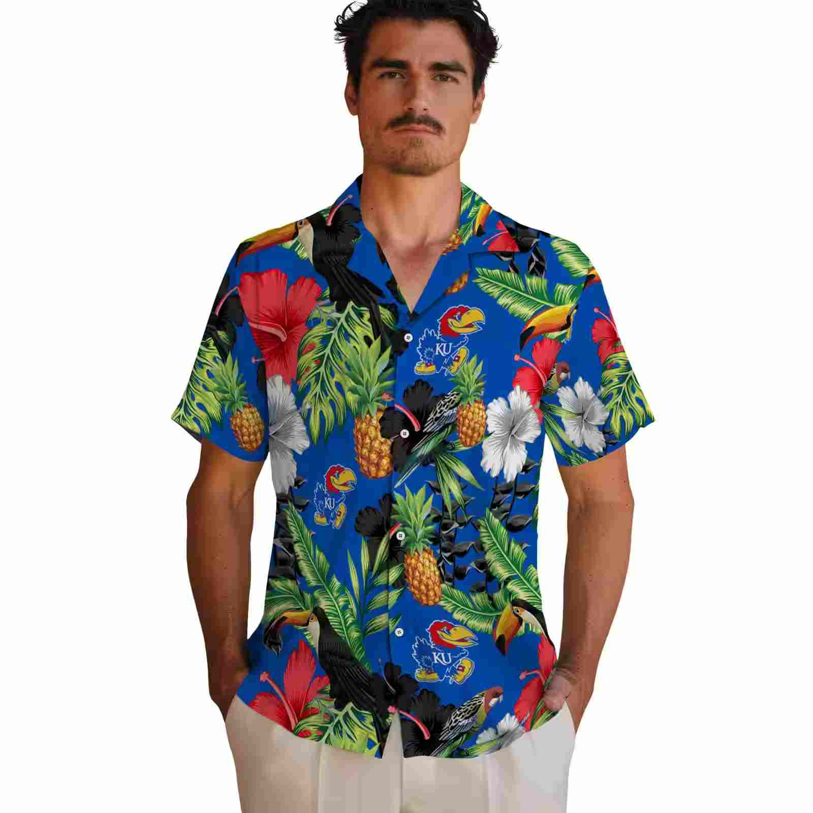 kansas jayhawks toucan hibiscus pineapple blue green hawaiian shirt fashion forward