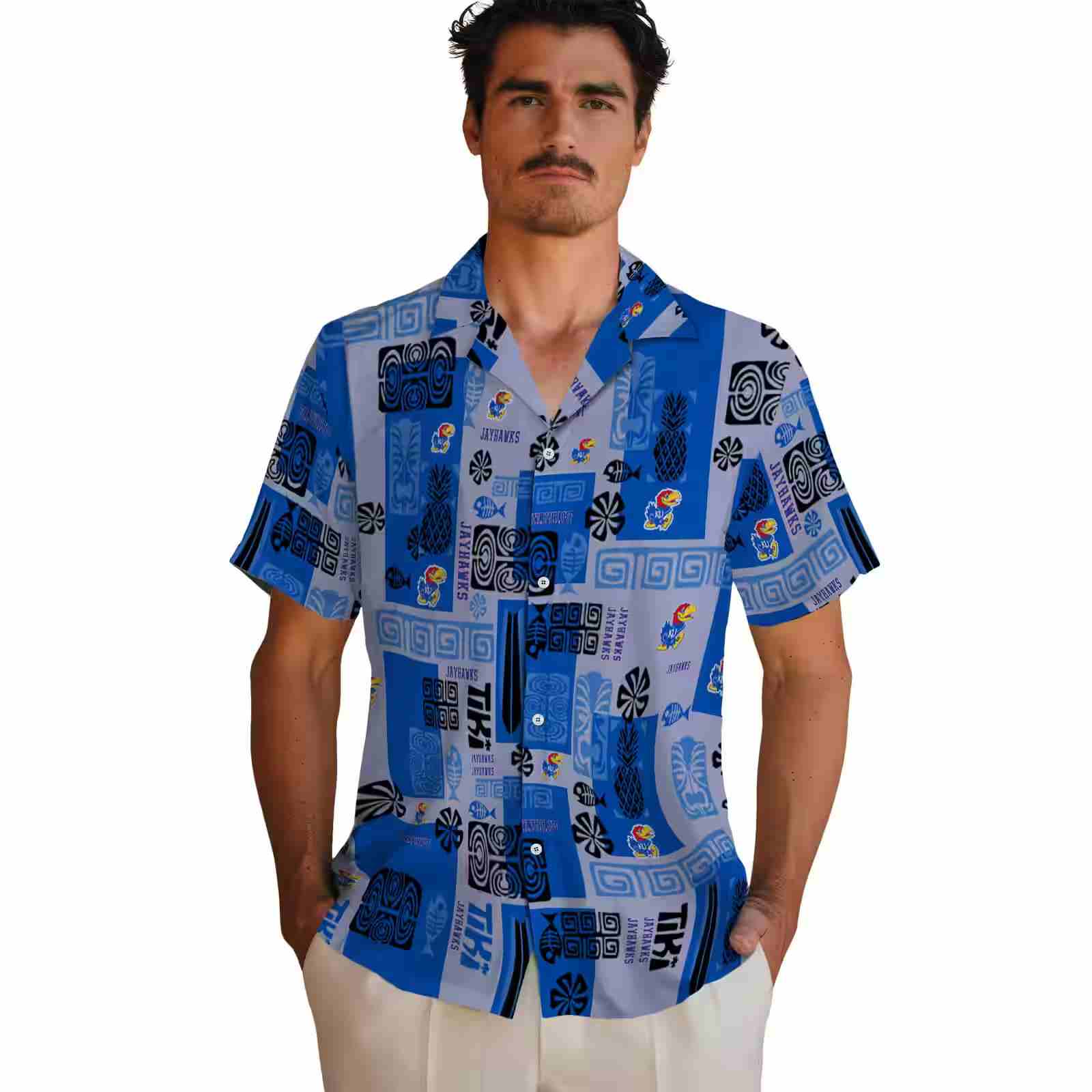 kansas jayhawks tribal symbols blue hawaiian shirt fashion forward