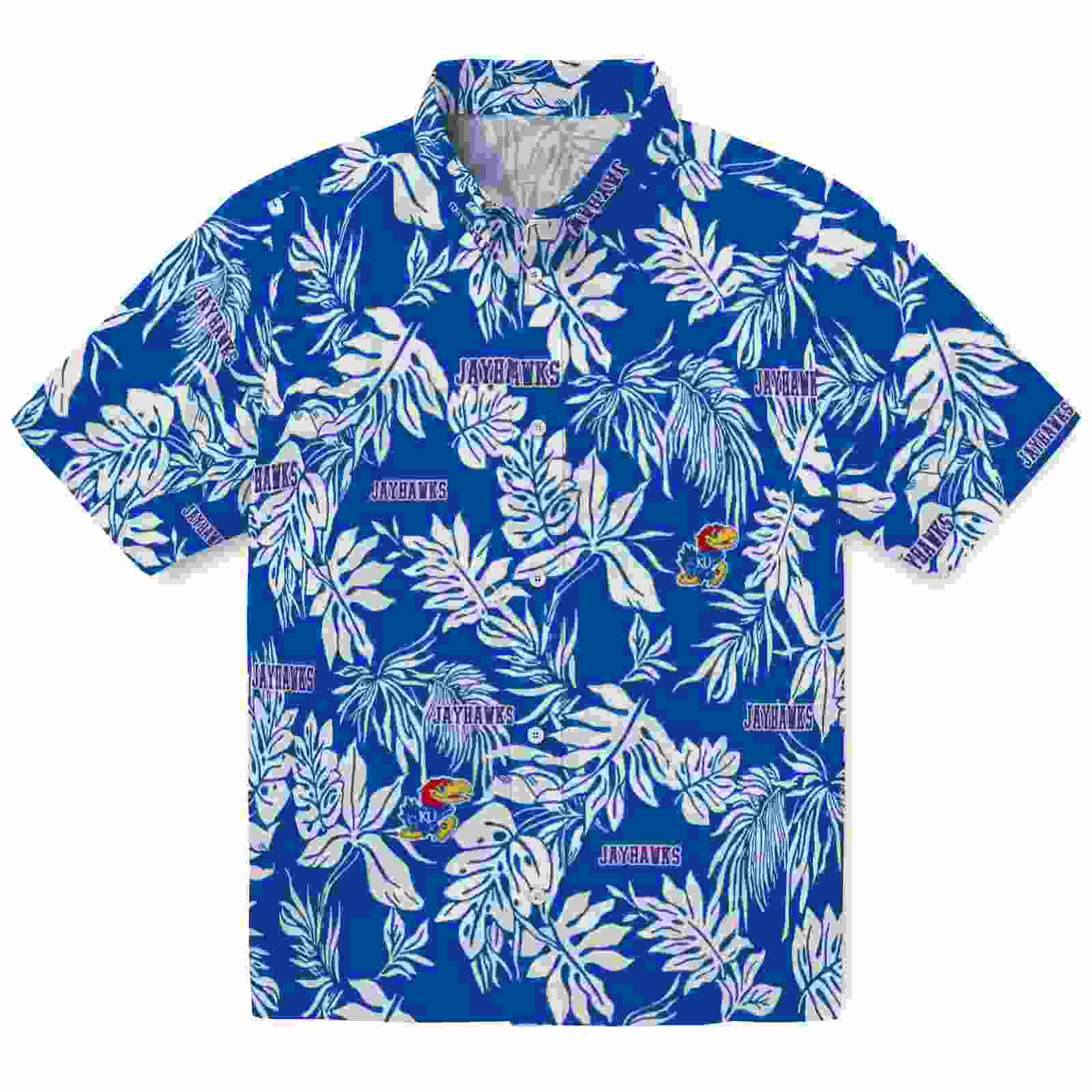 Kansas Jayhawks Tropical Leaf Blue White Hawaiian Shirt