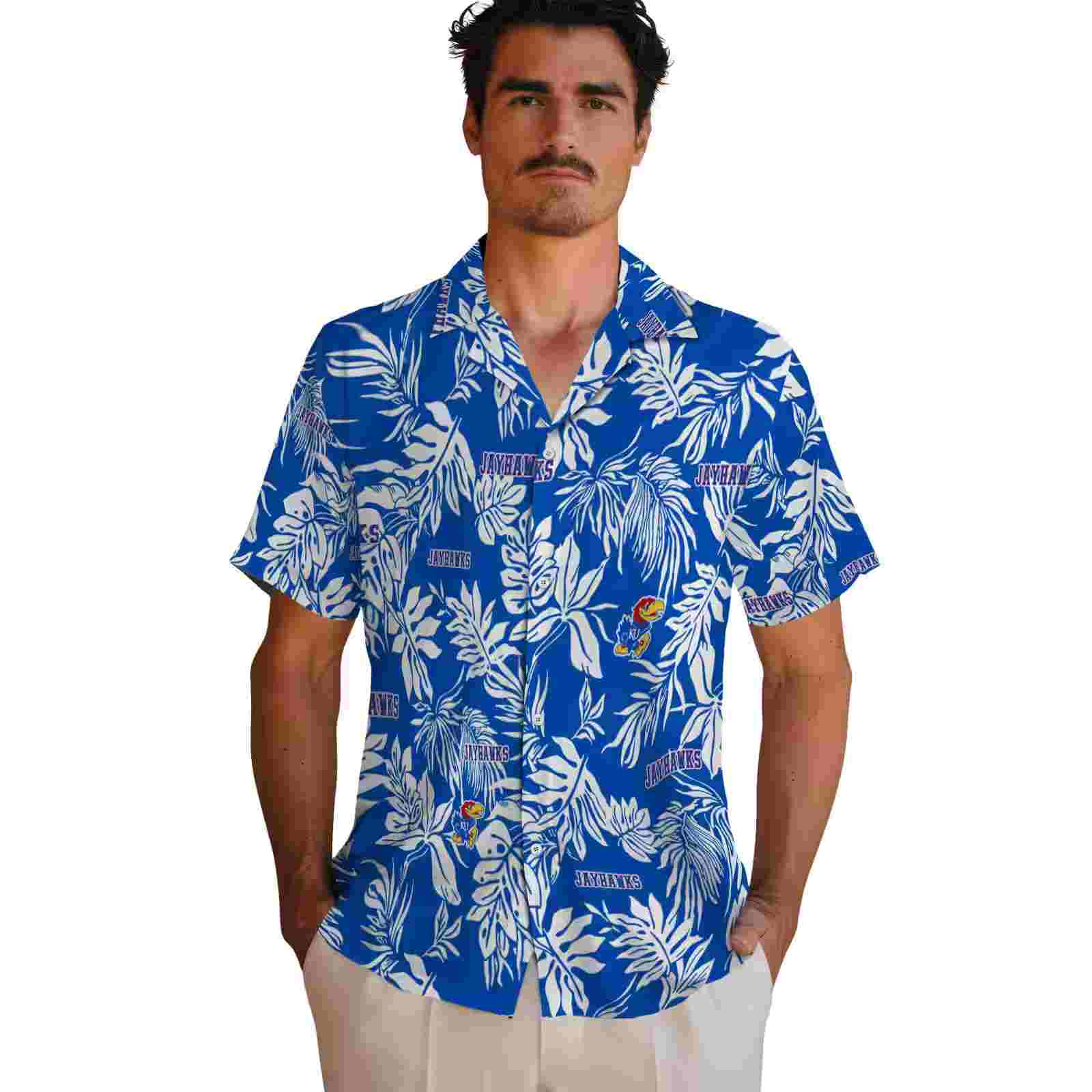 kansas jayhawks tropical leaf blue white hawaiian shirt fashion forward