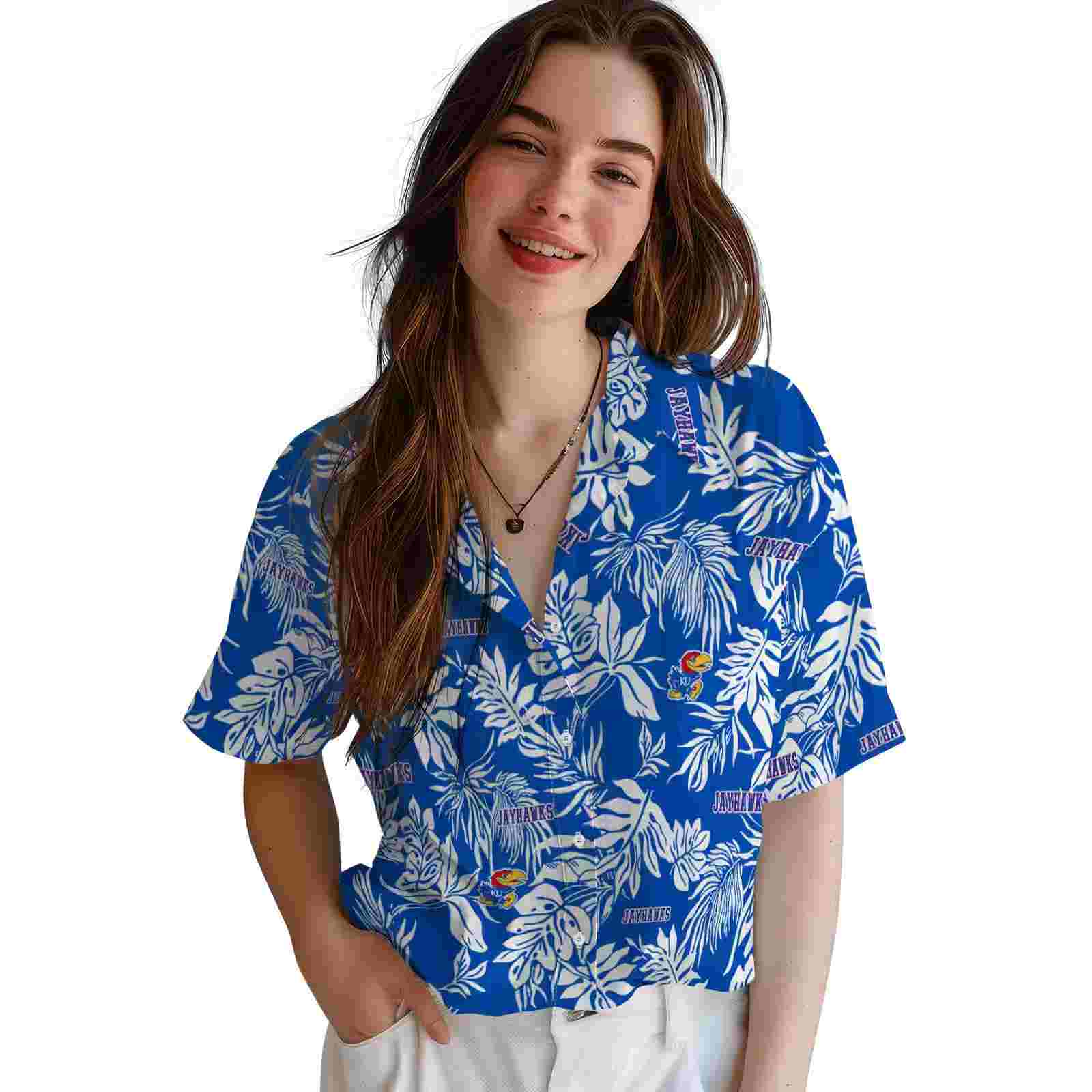 kansas jayhawks tropical leaf blue white hawaiian shirt latest model