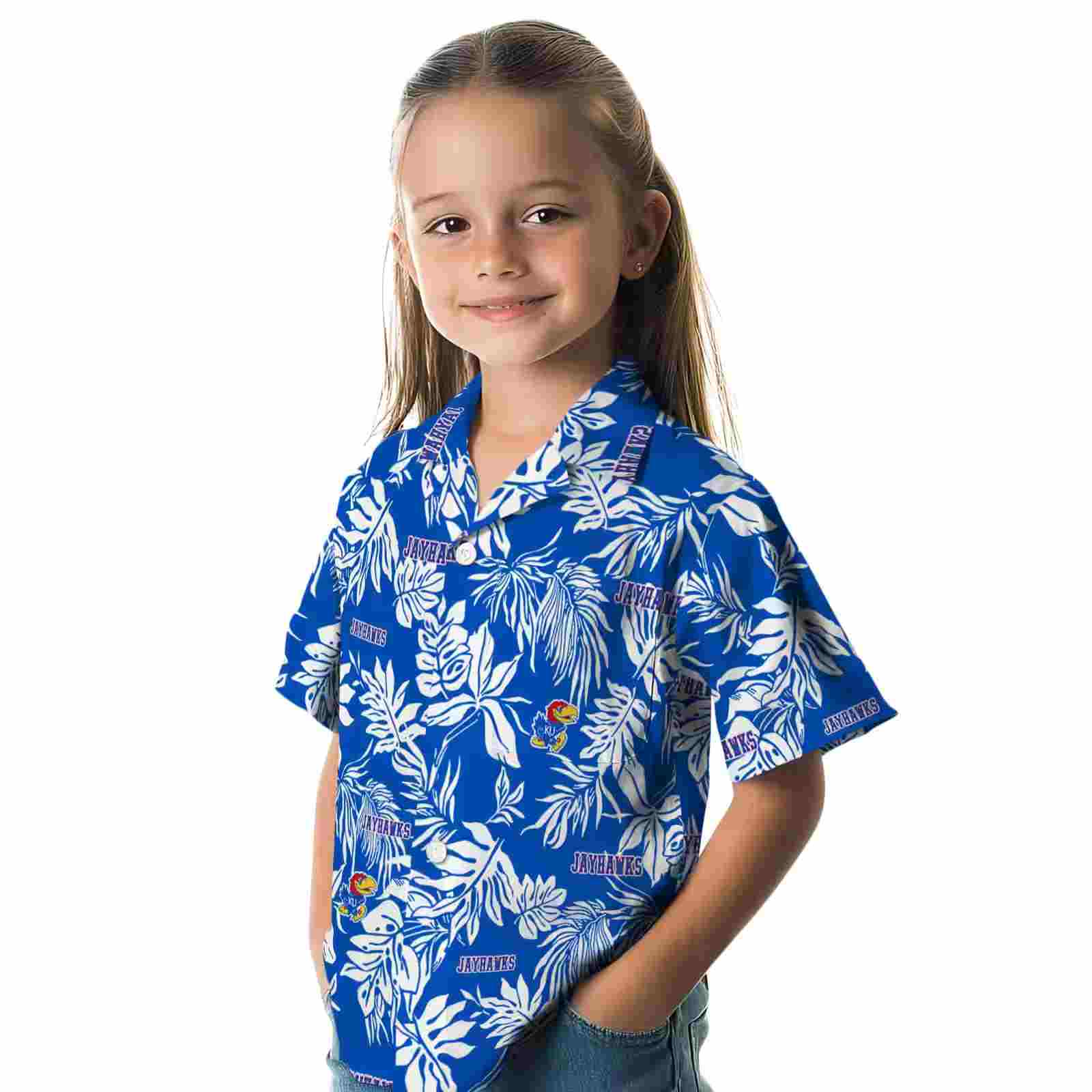 kansas jayhawks tropical leaf blue white hawaiian shirt premium grade