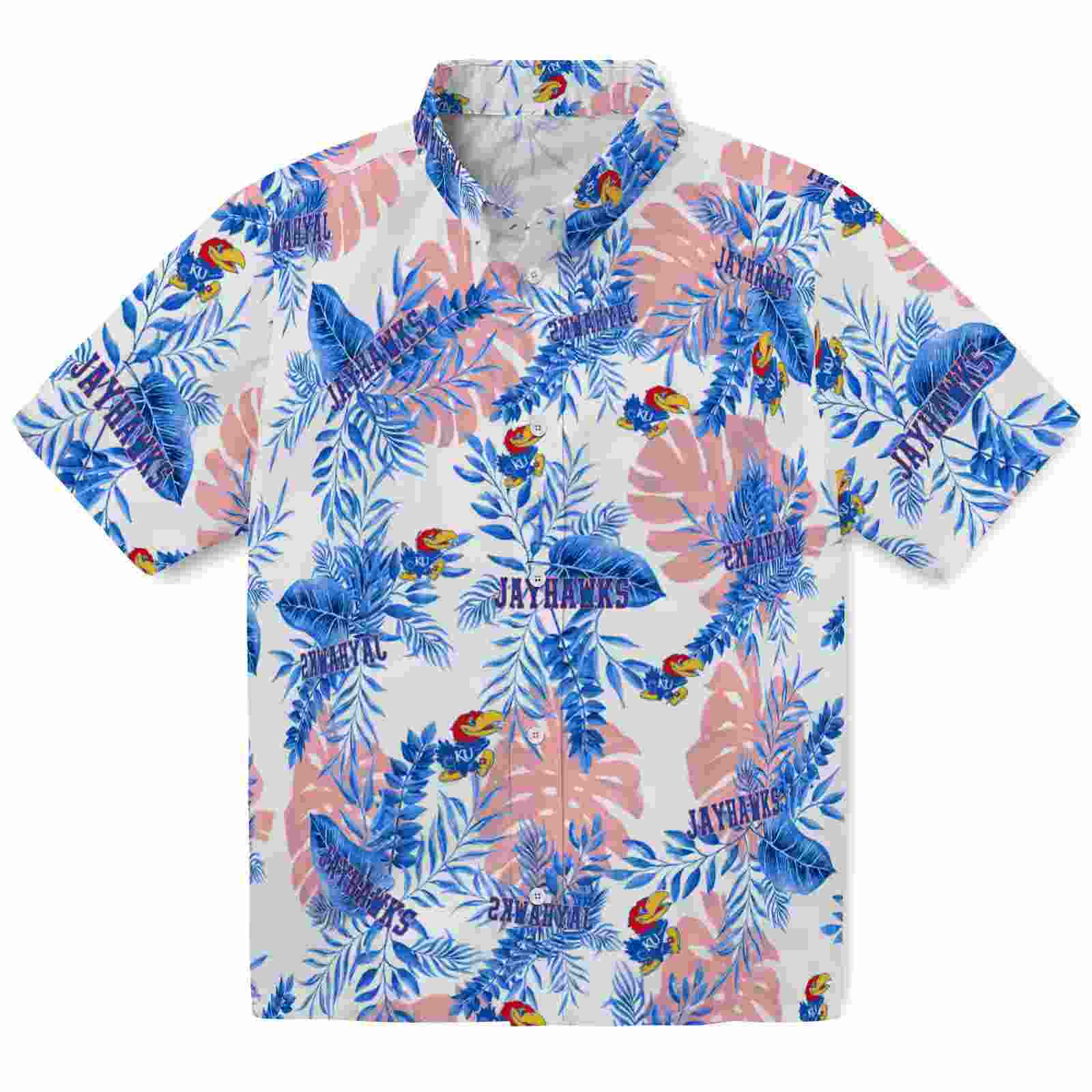 Kansas Jayhawks Tropical Leaves Blue White Hawaiian Shirt