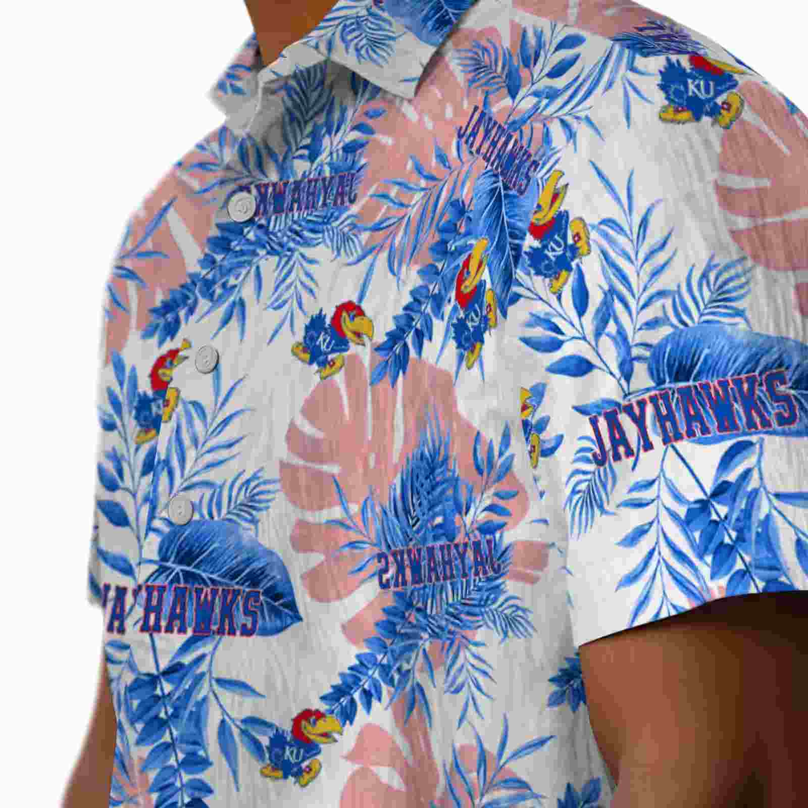 kansas jayhawks tropical leaves blue white hawaiian shirt trendy