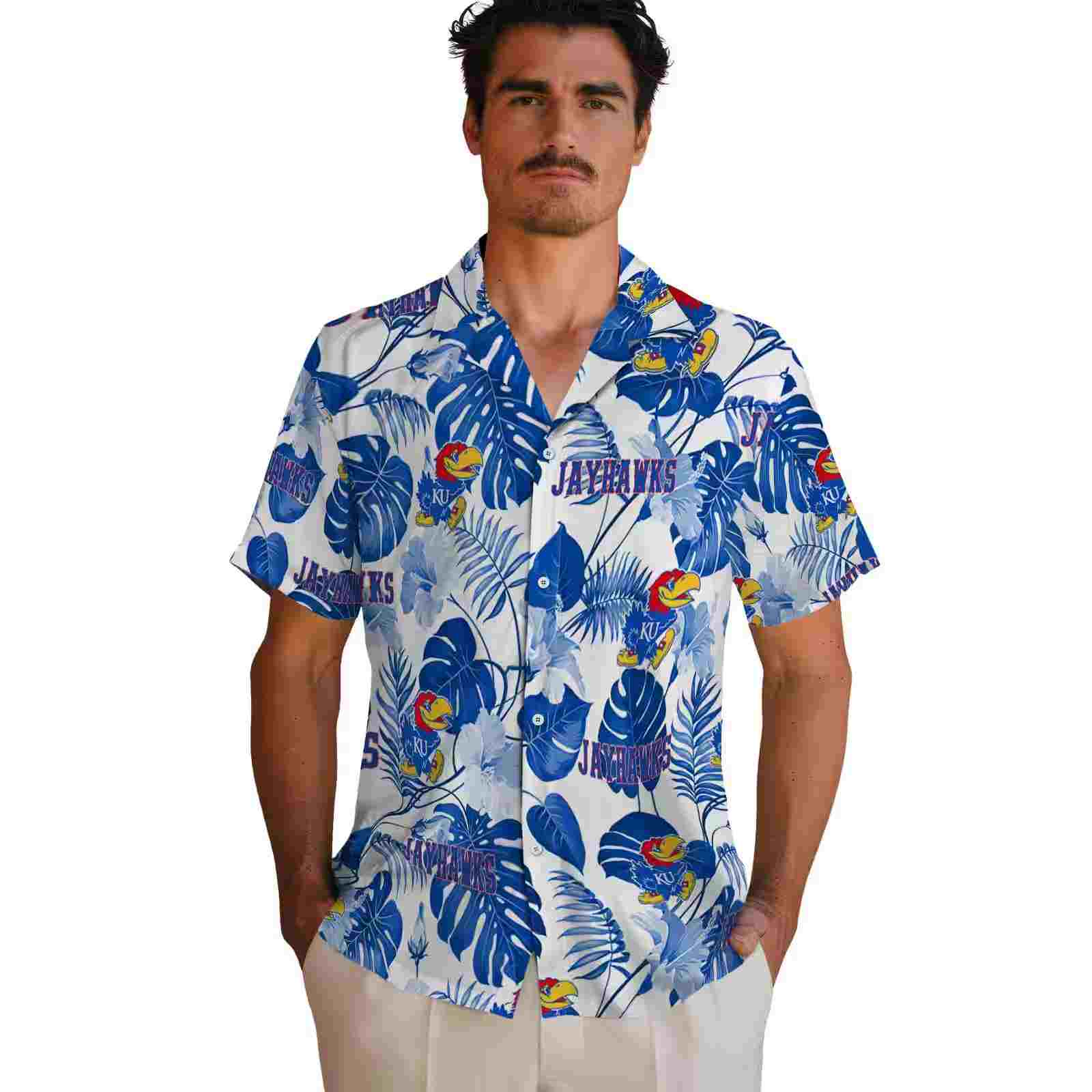 kansas jayhawks tropical plants blue white hawaiian shirt fashion forward