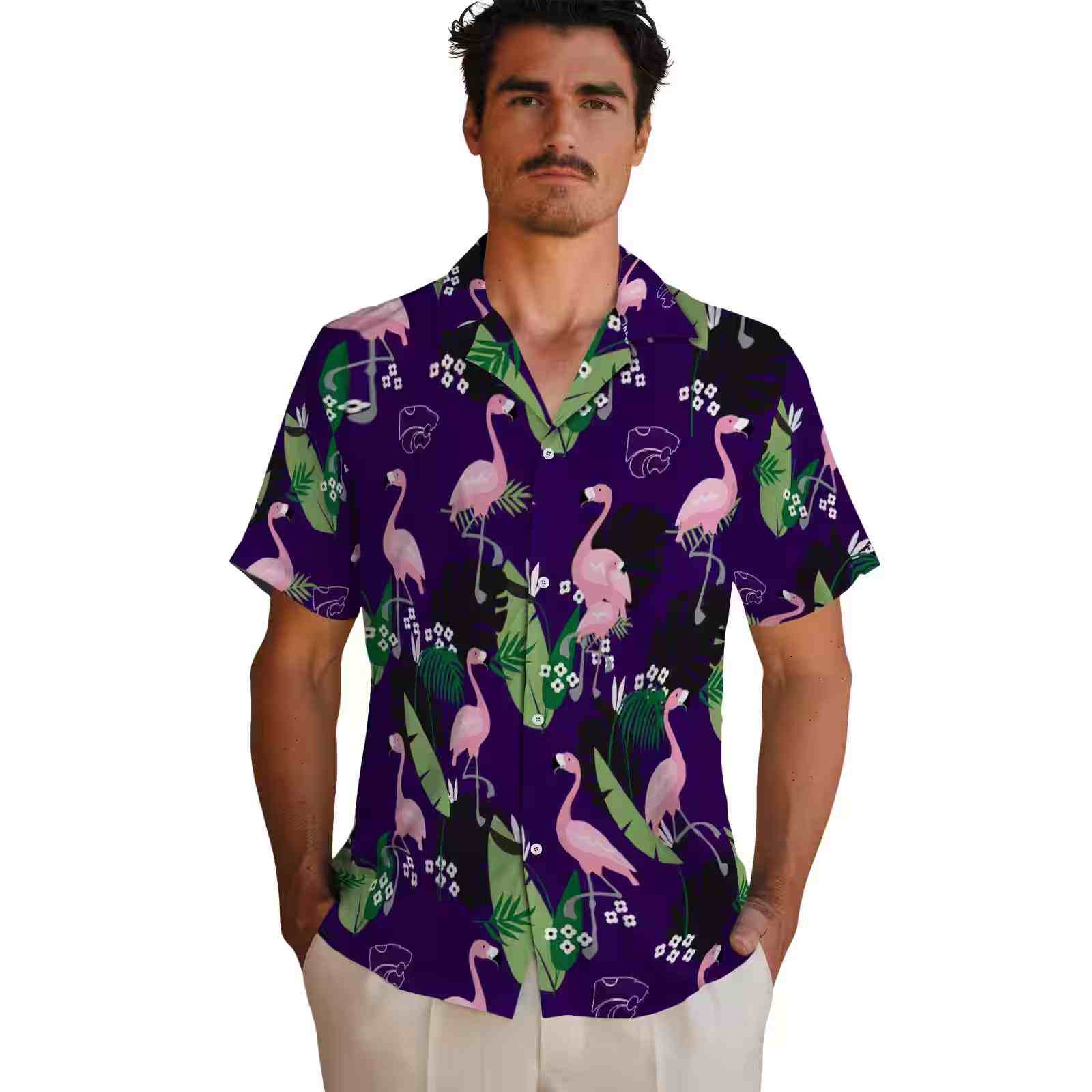 kansas state wildcats flamingo leaf motif purple hawaiian shirt fashion forward