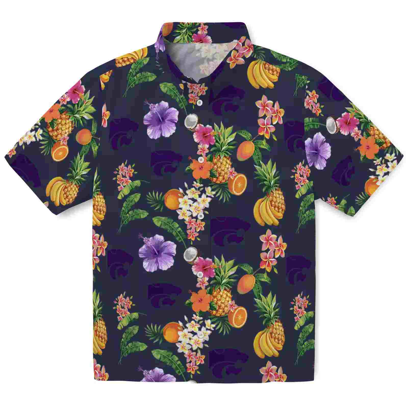 Kansas State Wildcats Hibiscus And Fruit Navy Blue Hawaiian Shirt