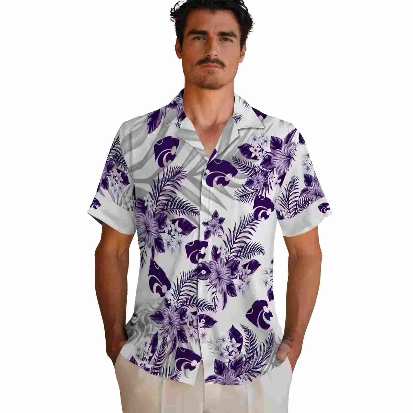 kansas state wildcats hibiscus palm leaves purple white hawaiian shirt fashion forward