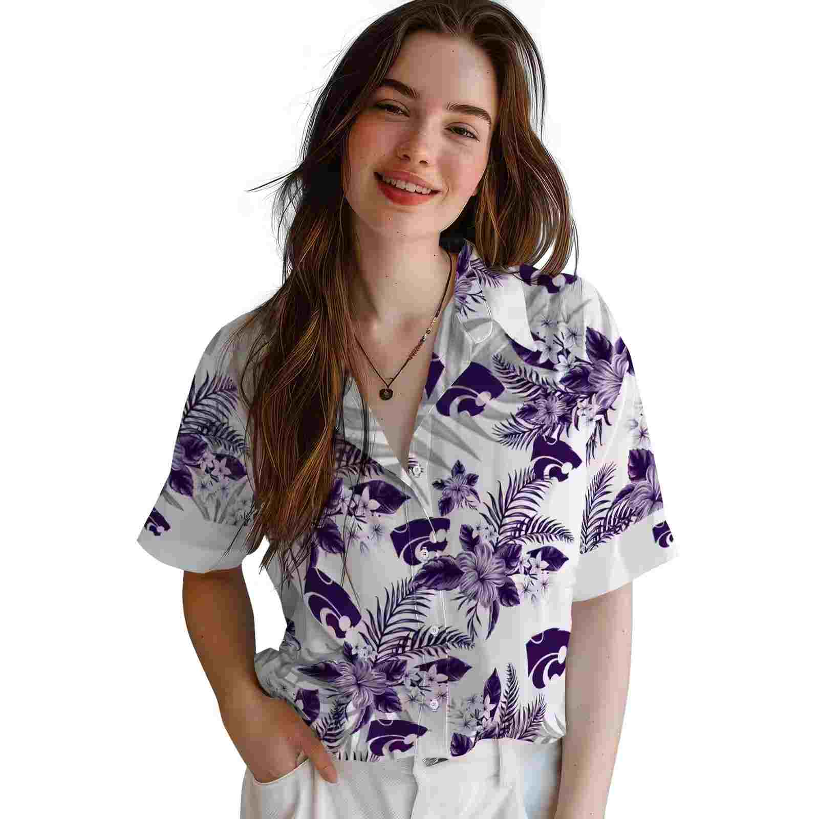 kansas state wildcats hibiscus palm leaves purple white hawaiian shirt latest model