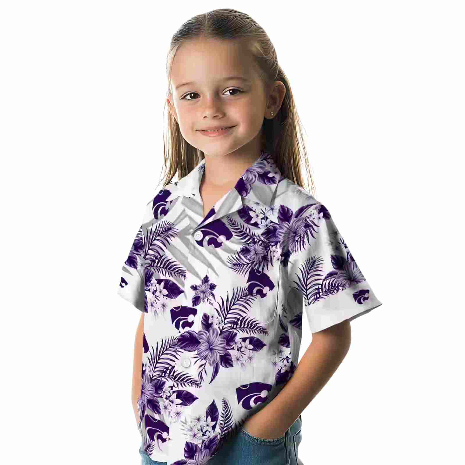 kansas state wildcats hibiscus palm leaves purple white hawaiian shirt premium grade