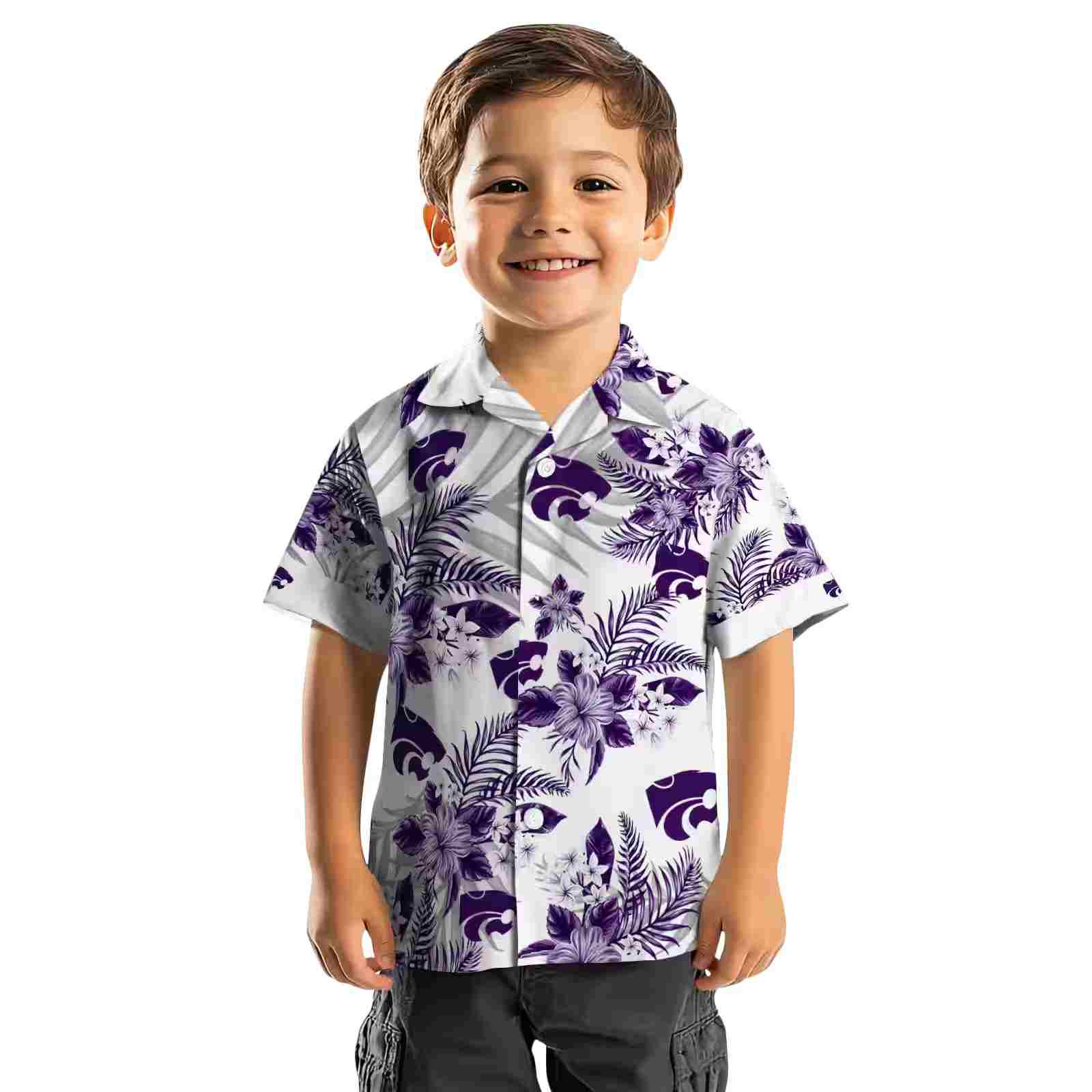 kansas state wildcats hibiscus palm leaves purple white hawaiian shirt top rated