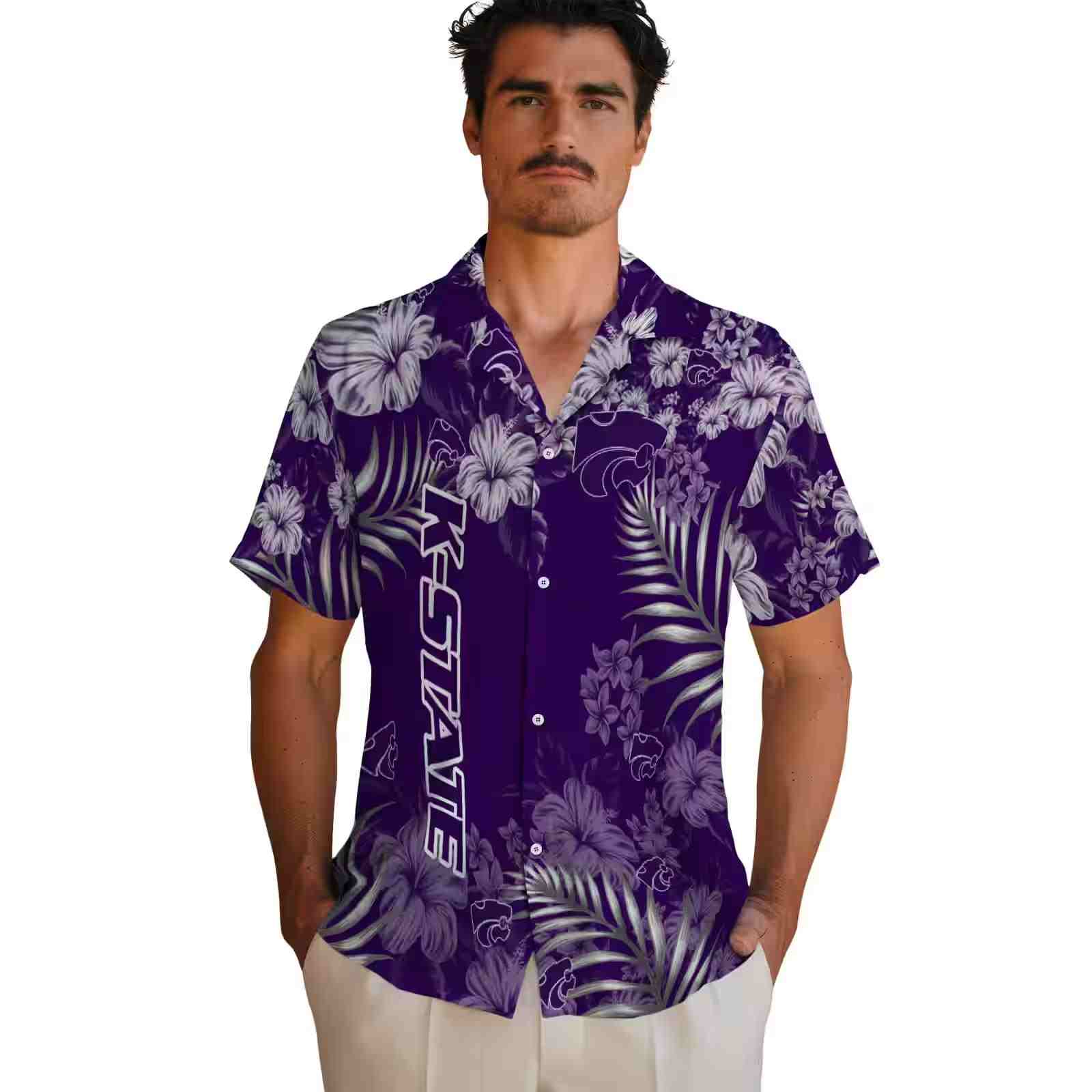 kansas state wildcats hibiscus print purple hawaiian shirt fashion forward