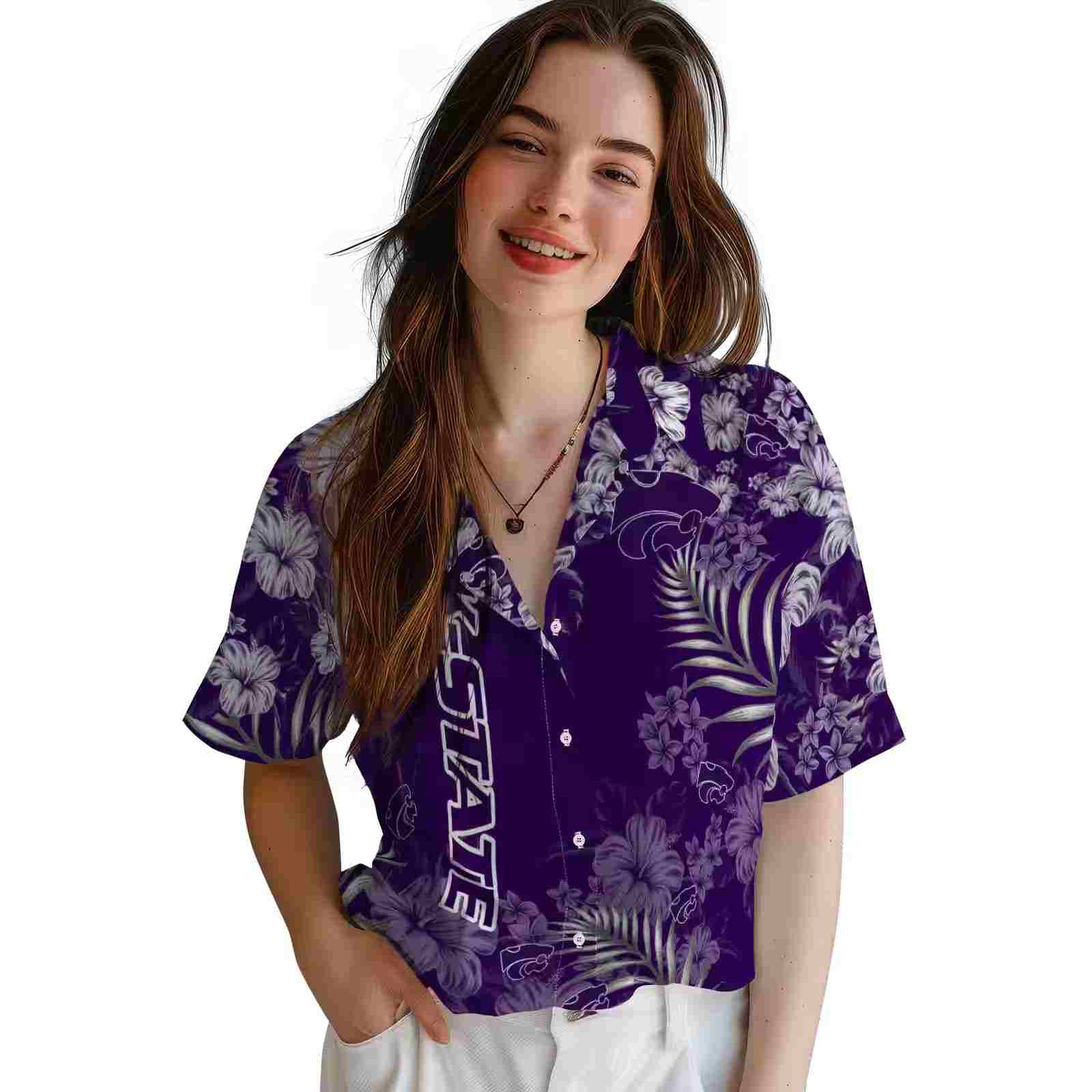 kansas state wildcats hibiscus print purple hawaiian shirt latest model