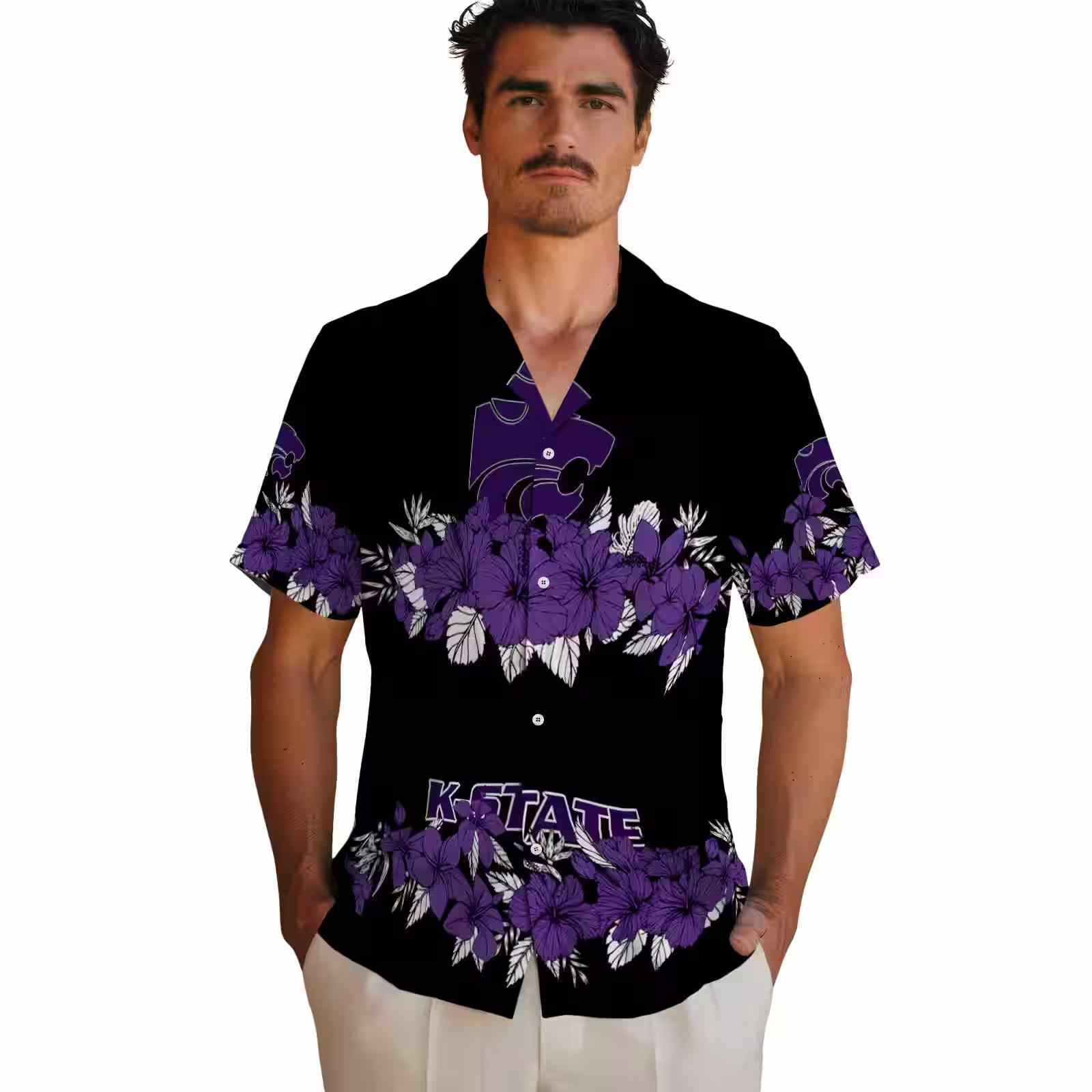 kansas state wildcats hibiscus stripe purple black hawaiian shirt fashion forward