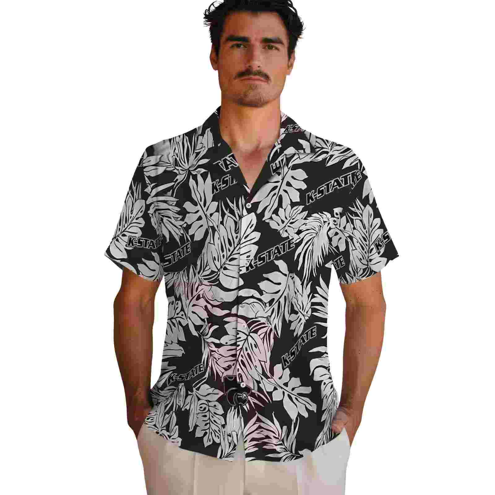 kansas state wildcats monstera leaf pattern black hawaiian shirt fashion forward