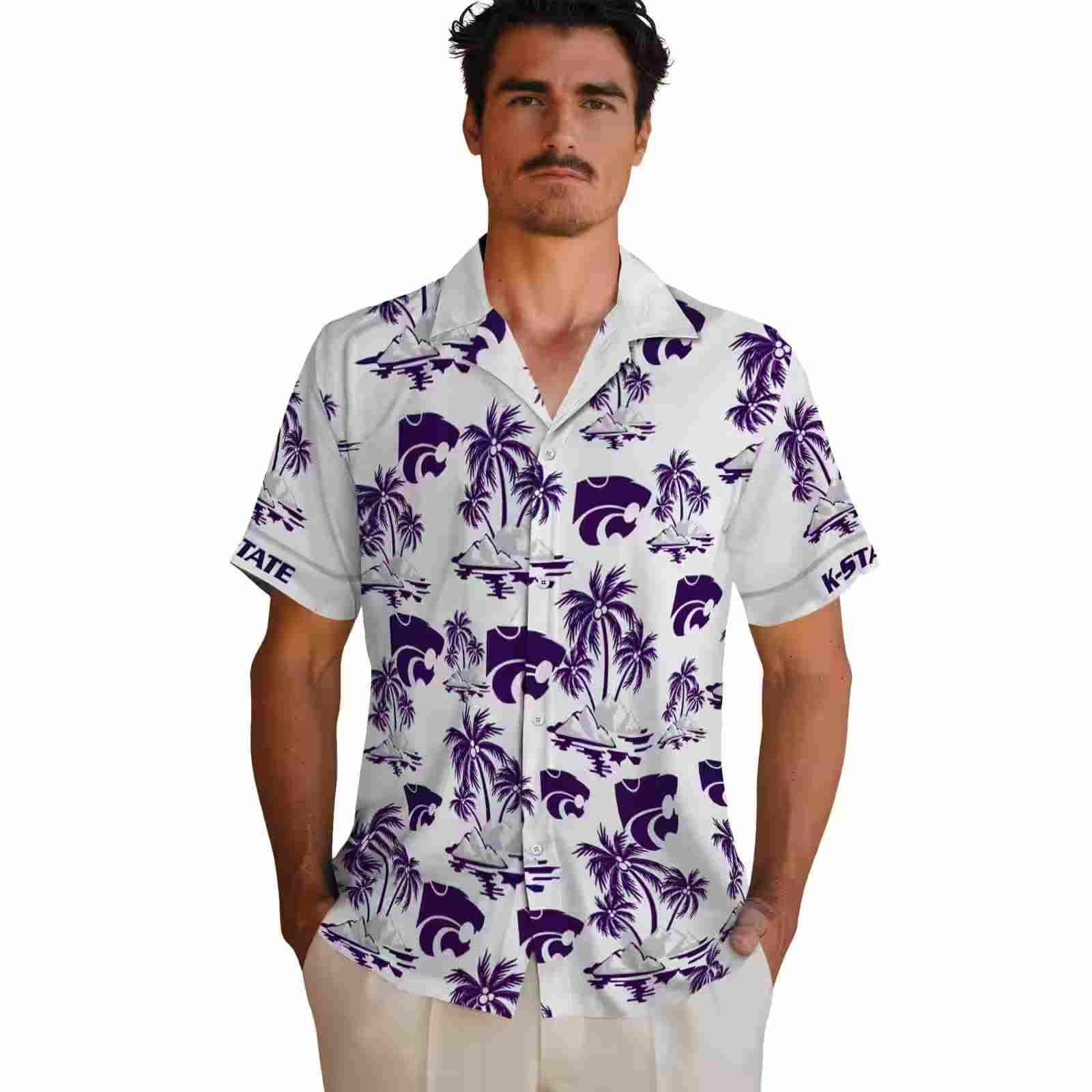 kansas state wildcats palm island print purple white hawaiian shirt fashion forward