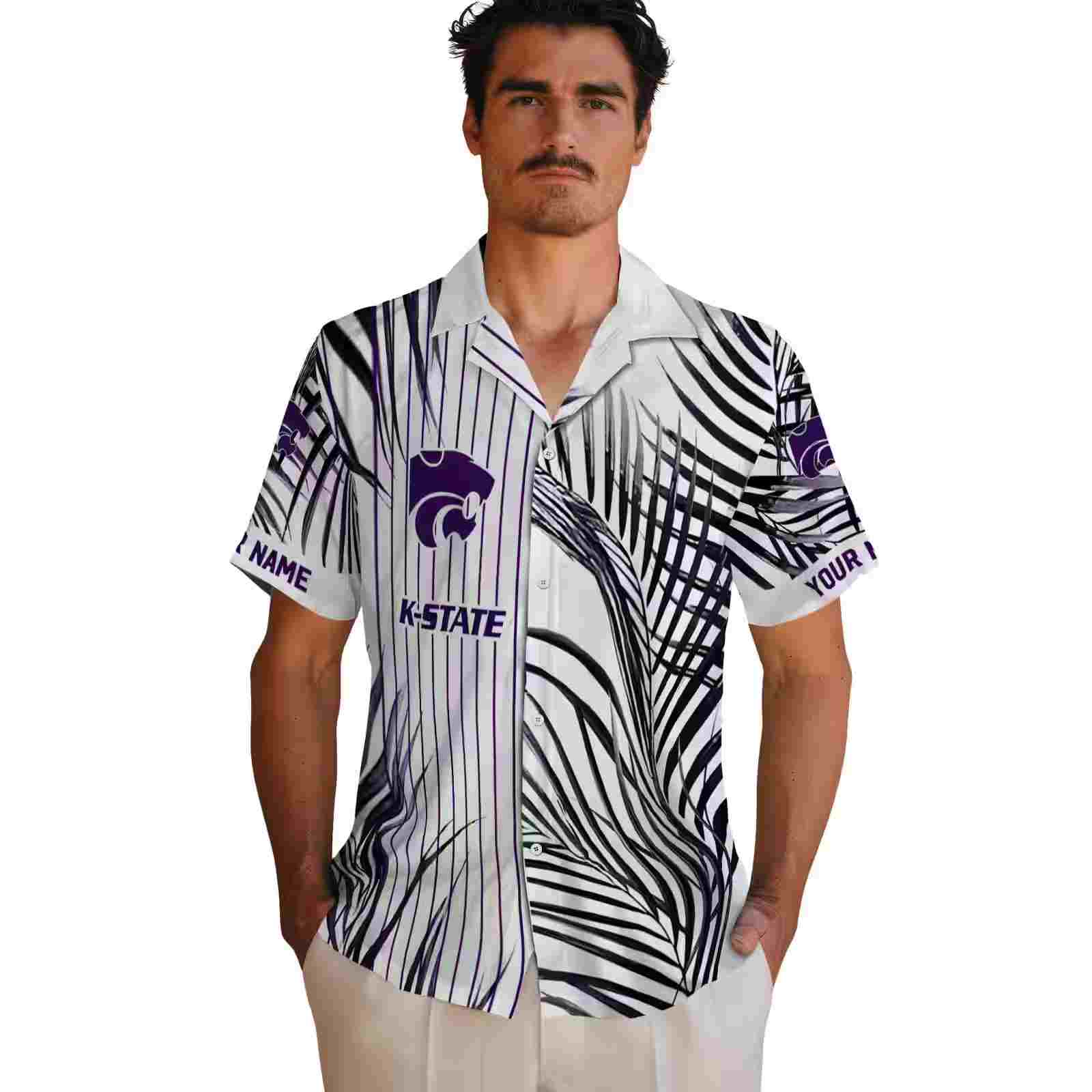 kansas state wildcats palm stripes purple black white hawaiian shirt fashion forward