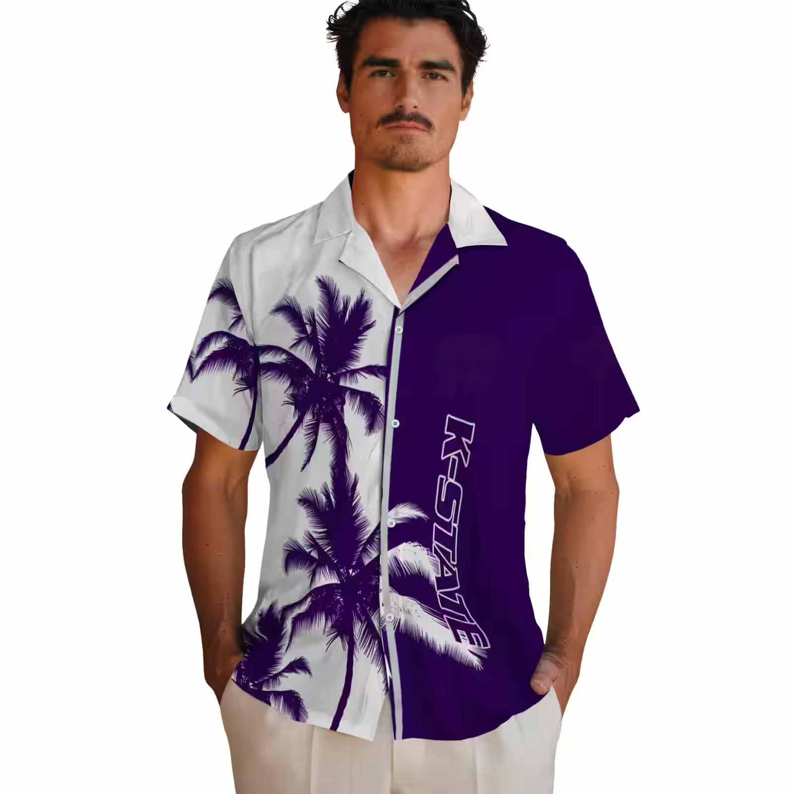 kansas state wildcats palm trees purple white hawaiian shirt fashion forward