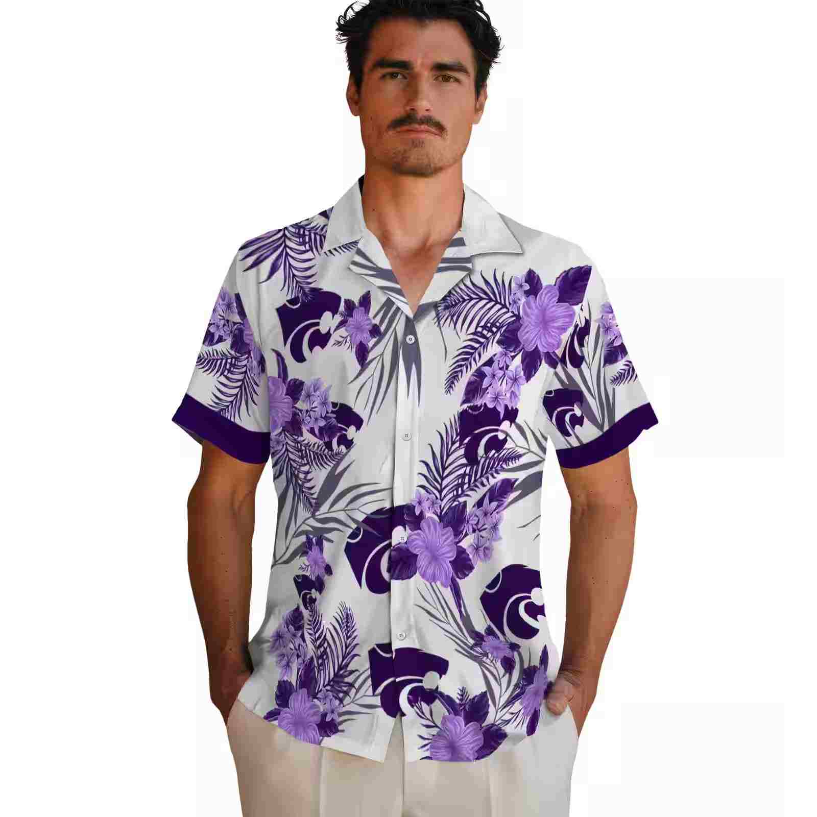 kansas state wildcats patriotic hibiscus design purple white hawaiian shirt fashion forward