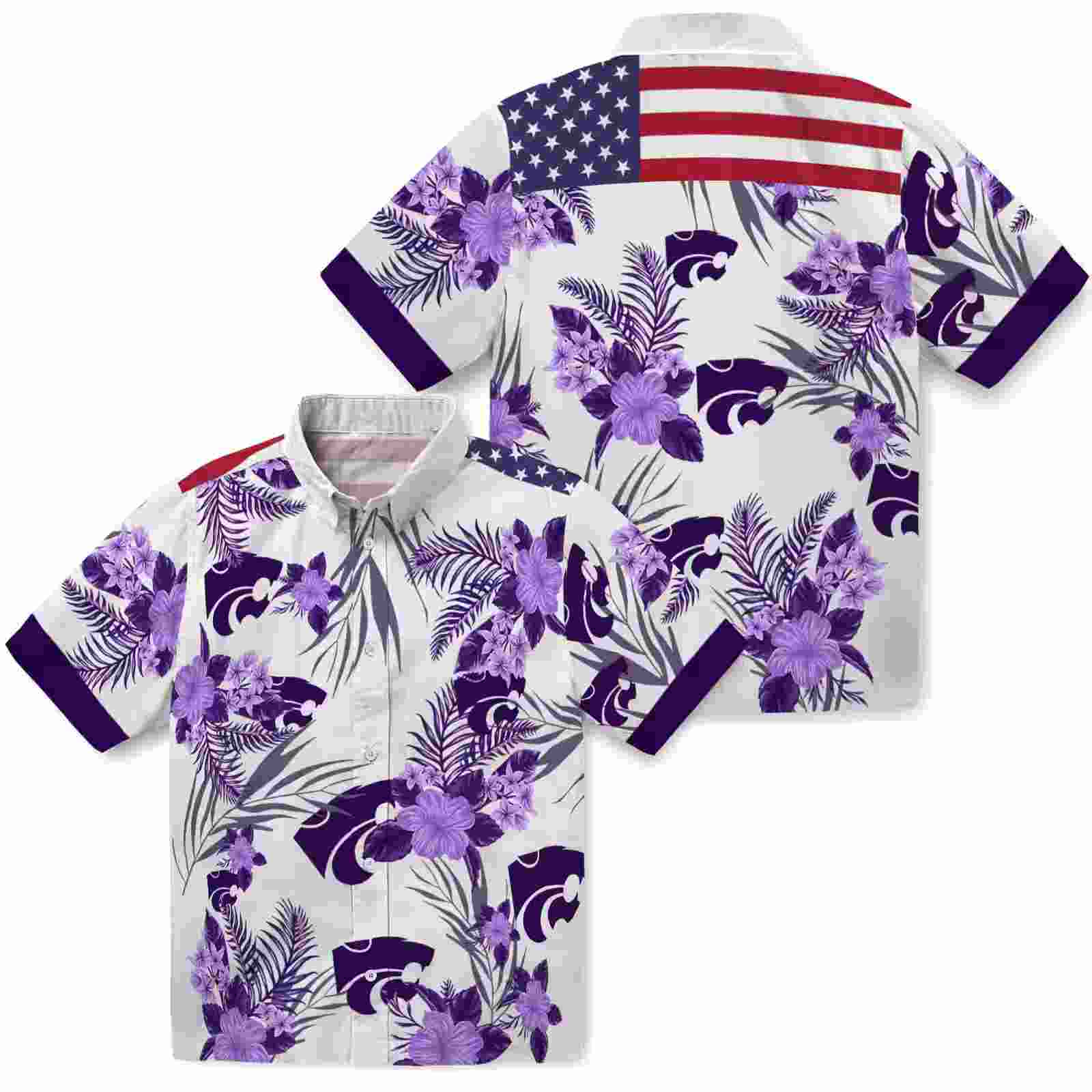 kansas state wildcats patriotic hibiscus design purple white hawaiian shirt high quality