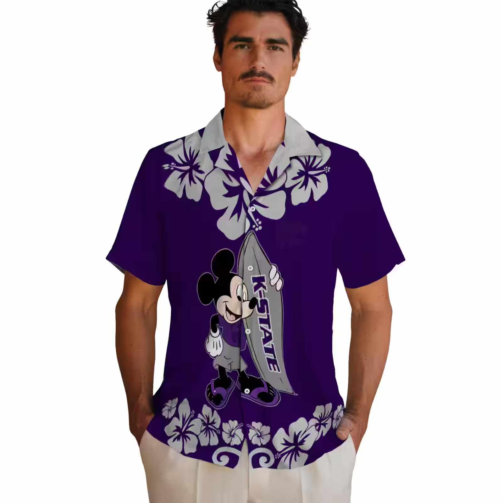 kansas state wildcats surfing mickey purple hawaiian shirt fashion forward