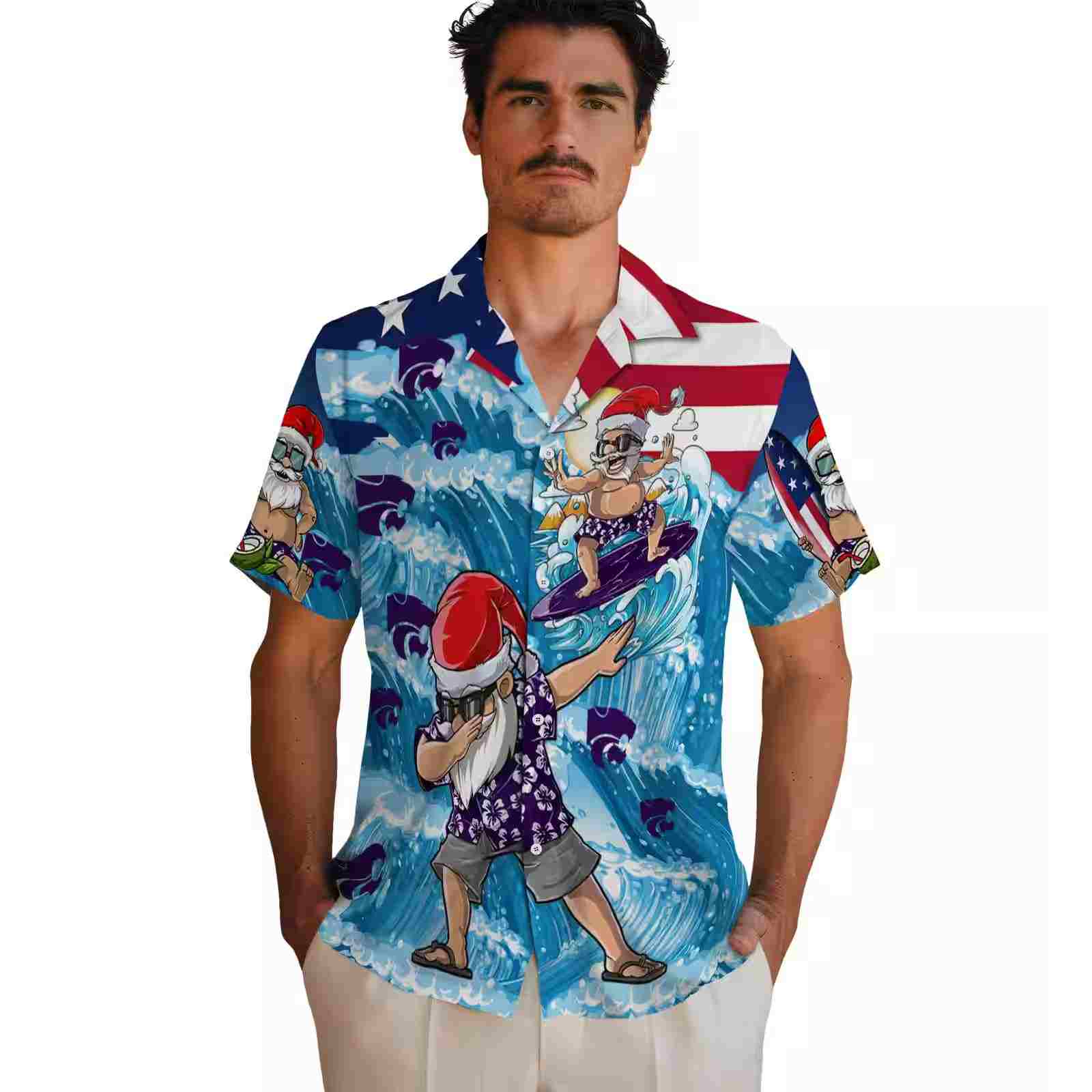 kansas state wildcats surfing santa blue hawaiian shirt fashion forward