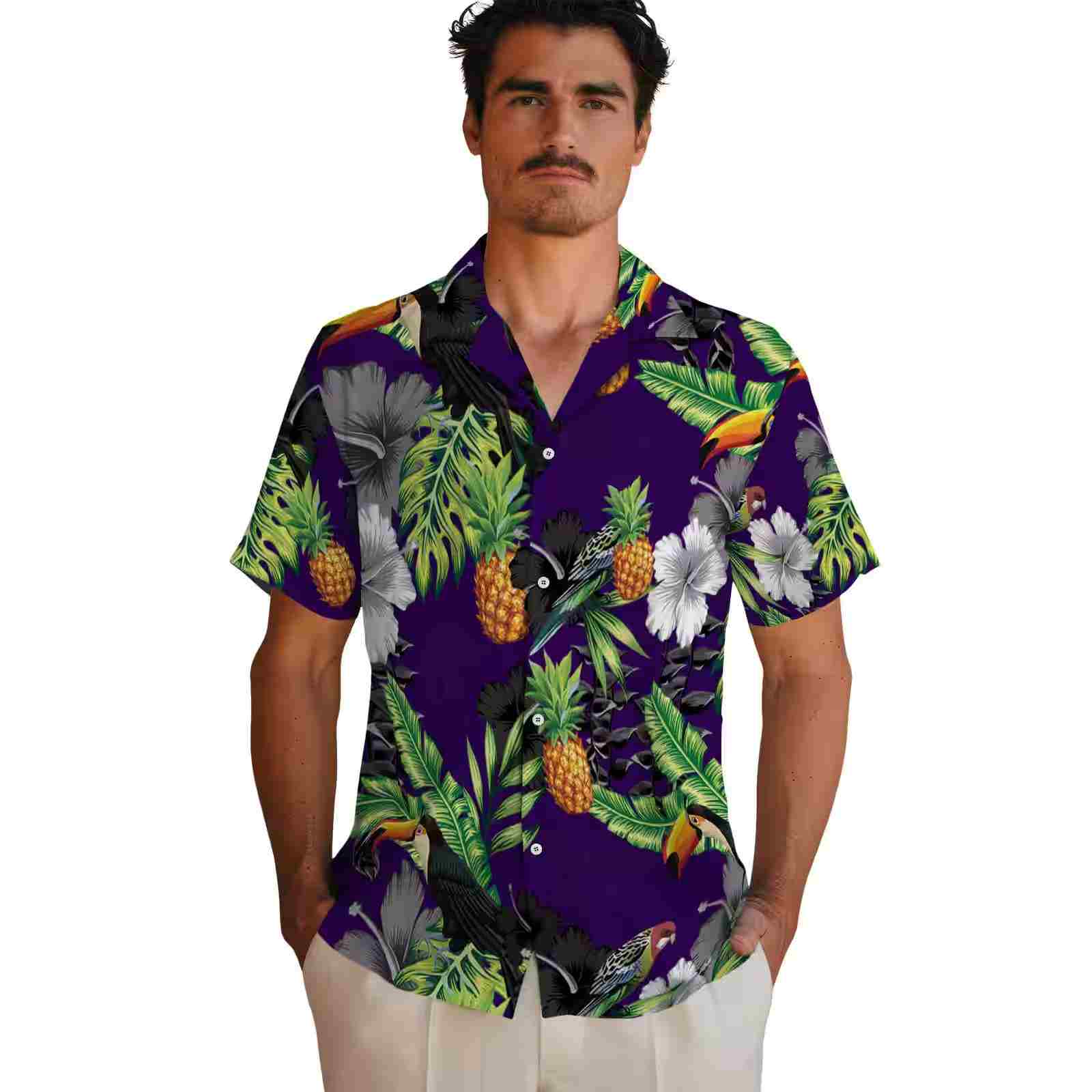 kansas state wildcats toucan hibiscus pineapple purple green hawaiian shirt fashion forward